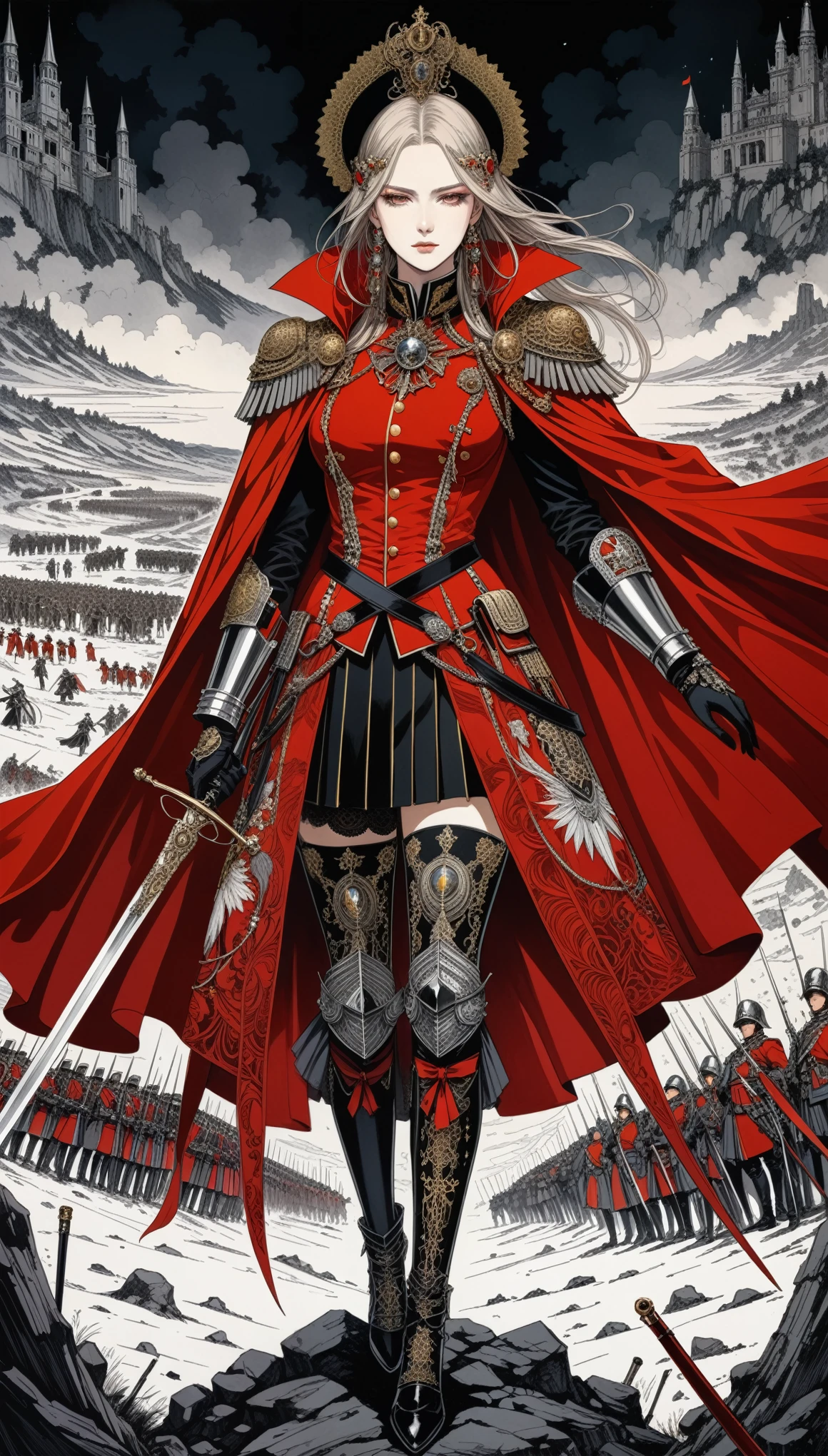 (in style of Harry Clarke:0.5),in style of Santiago Caruso,
1girl,holding a fancy rapier in his hand,military uniforms,neckwear_request,red general's cape,ribbon,wilderness battlefield,imposing female generals,(insanely detailed and intricate, hypermaximalist, elegant, ornate, hyper realistic, super detailed)