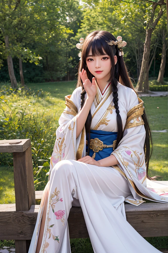 close up on face, Ultra-fine face,femele, China-style, Ancient wind,Hanfu, Sit Pose, long whitr hair, Delicate clothing patterns, ellegance, opulent, ellegance, ssmile,Skysky, Ribbons,Sense of brokenness, ruri, Buble, Double up braid, Hairline, slanted bangs, shairband, hair adornments,glitters, cinmatic lighting, hyper HD, A high resolution, best qualtiy, 8K, high detal, high qulity, super detailing, anatomy correct, tmasterpiece, ccurate,plump,landscape painting,screen