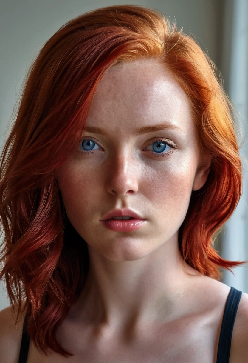 1 girl, 24 years old, (bright red hair:1.3), shoulder length hair, parts, blue eyes, Photo (Photorealism:1.4), realistic anatomy, average breasts, thick lips, sensual lips, athletic body, girl from europe, Not a model, shiny skin with sweat, gloomy room, twilight, Color Photo, Contempt in the eyes, good eye, high quality image, Color Photo, black turtleneck