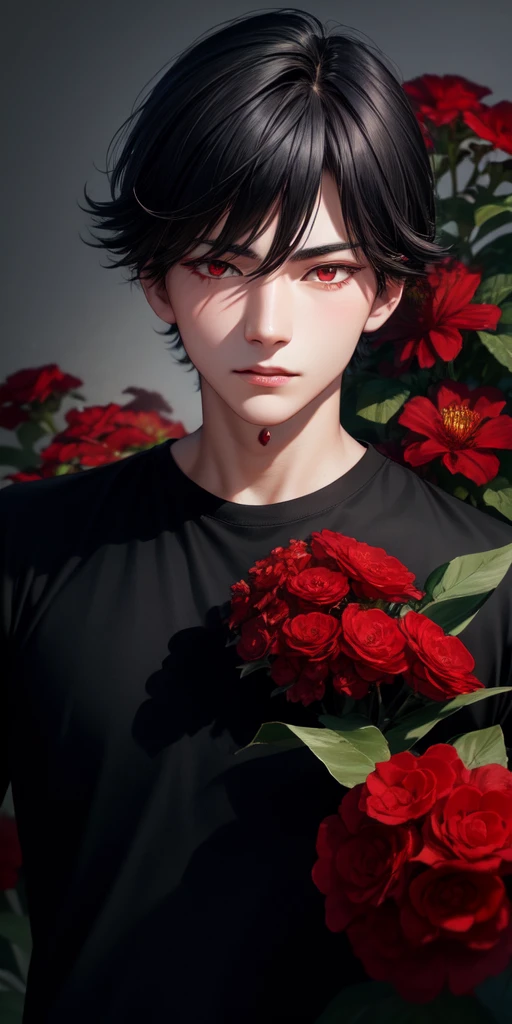 realistic, 1boy, red eyes, black hair, sharp jawline, 19 years old, black shirt, night, red flowers, red flower garden 