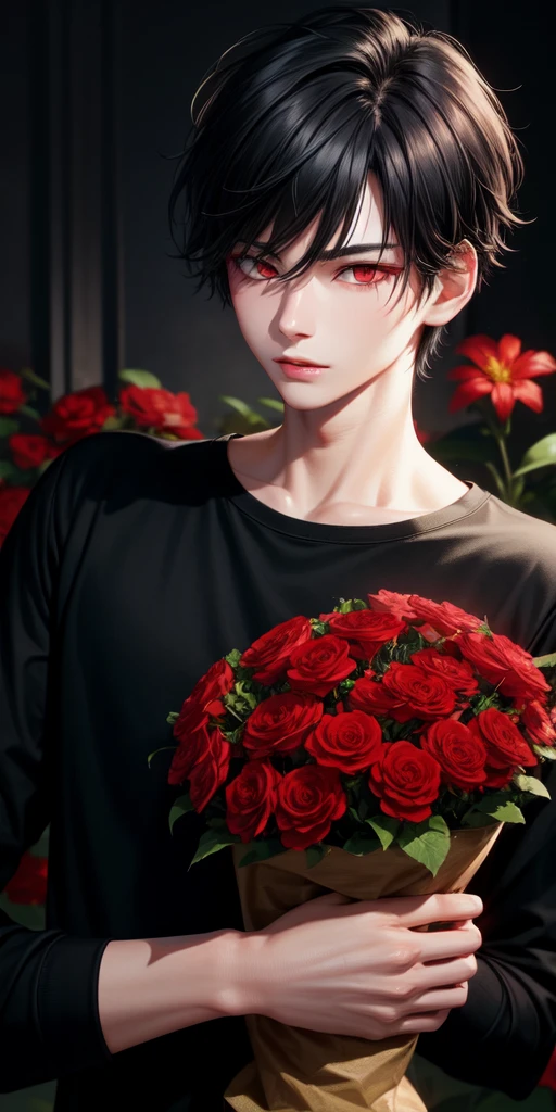 realistic, 1boy, red eyes, black hair, sharp jawline, 19 years old, black shirt, night, red flowers, red flower garden