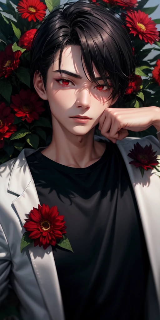 realistic, 1boy, red eyes, black hair, sharp jawline, 19 years old, black shirt, night, red flowers, red flower garden 