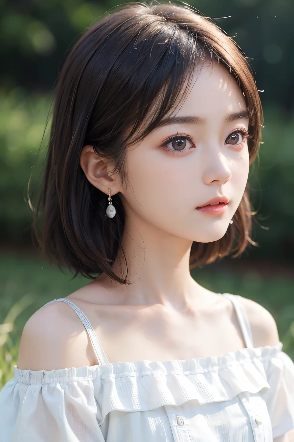 short hair、grassland、(:1.6)、(From the chest up:1.6)、Laughter、Close-up portrait of a girl wearing a white off-the-shoulder top dress and earrings, Soft portrait shot 8k, Nice delicate face, High-quality 4K portraits, High-quality portraits, Soft and perfect white skin, 8k highly detailed face, Beautiful and delicate face, Beautiful light big eyes, Beautiful and realistic face, Beautiful girl and, Beautiful and realistic face, Cute girl