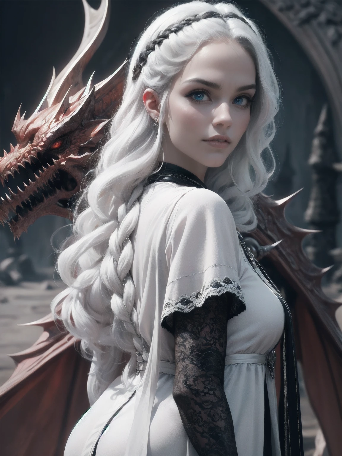 {-erro_de_anatomia:1.0} woman 30 years old, north,viking clothes, (nordic dress), dark castle, a woman (baela targaryen), black woman, (black skin) medium hair, white curly hair (white hair), (blue eyes) . Indifferent look , merciless. among the dragons, dinamic poses, egoist smile, upper body, angry face, backwards, looking back