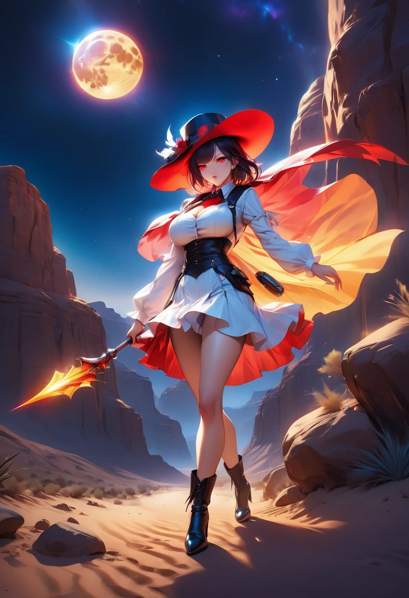 a picture of a female vampire cowboy in the desert night, a goth beauty, exquisite beautiful female vampire, ((anatomically correct: 1.5), (ultra detailed face: 1.2), best detailed face, red glowing eyes, full body, busty, wearing white bottom shirt, short skirt, dynamic color, wearing (Gambler Crease  hat: 1.2), wearing high heeled boots, it is night time in the desert, moon light. moon rays, west America desert canyon background, Hyperrealism style, vibrant, Ultra-high resolution, High Contrast, (masterpiece:1.5), highest quality, Best aesthetics), best details, best quality, highres, ultra wide angle, 16k, [ultra detailed], masterpiece, best quality, (extremely detailed) RAW, chumbasket art style, rpg portrait photograph, magical sky