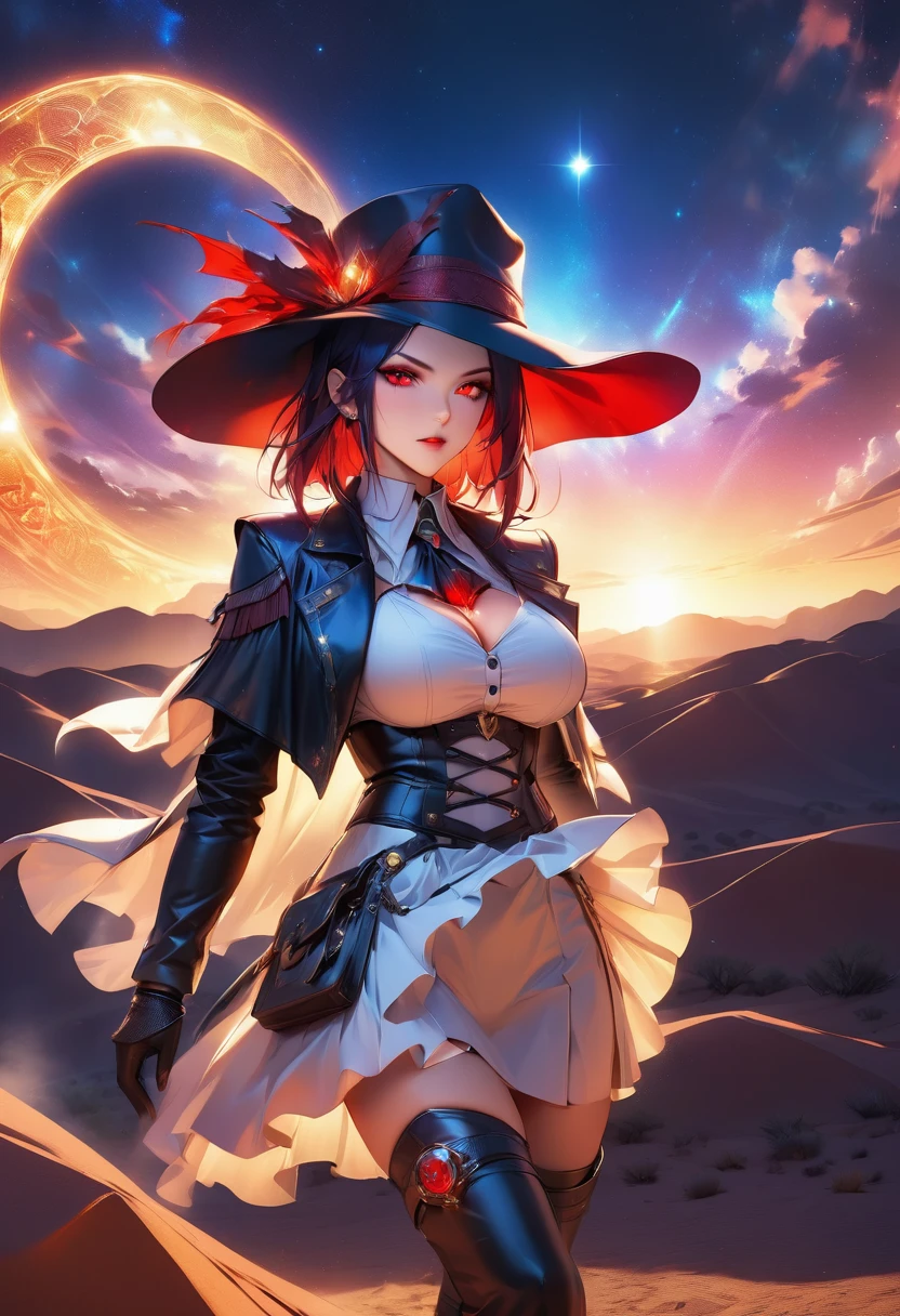 a picture of a female vampire cowboy in the desert night, a goth beauty, exquisite beautiful female vampire, ((anatomically correct: 1.5), (ultra detailed face: 1.2), best detailed face, red glowing eyes, full body, busty, wearing white bottom shirt, short skirt, dynamic color, wearing (Gambler Crease  hat: 1.2), wearing high heeled boots, it is night time in the desert, moon light. moon rays, west America desert canyon background, Hyperrealism style, vibrant, Ultra-high resolution, High Contrast, (masterpiece:1.5), highest quality, Best aesthetics), best details, best quality, highres, ultra wide angle, 16k, [ultra detailed], masterpiece, best quality, (extremely detailed) RAW, chumbasket art style, rpg portrait photograph, magical sky