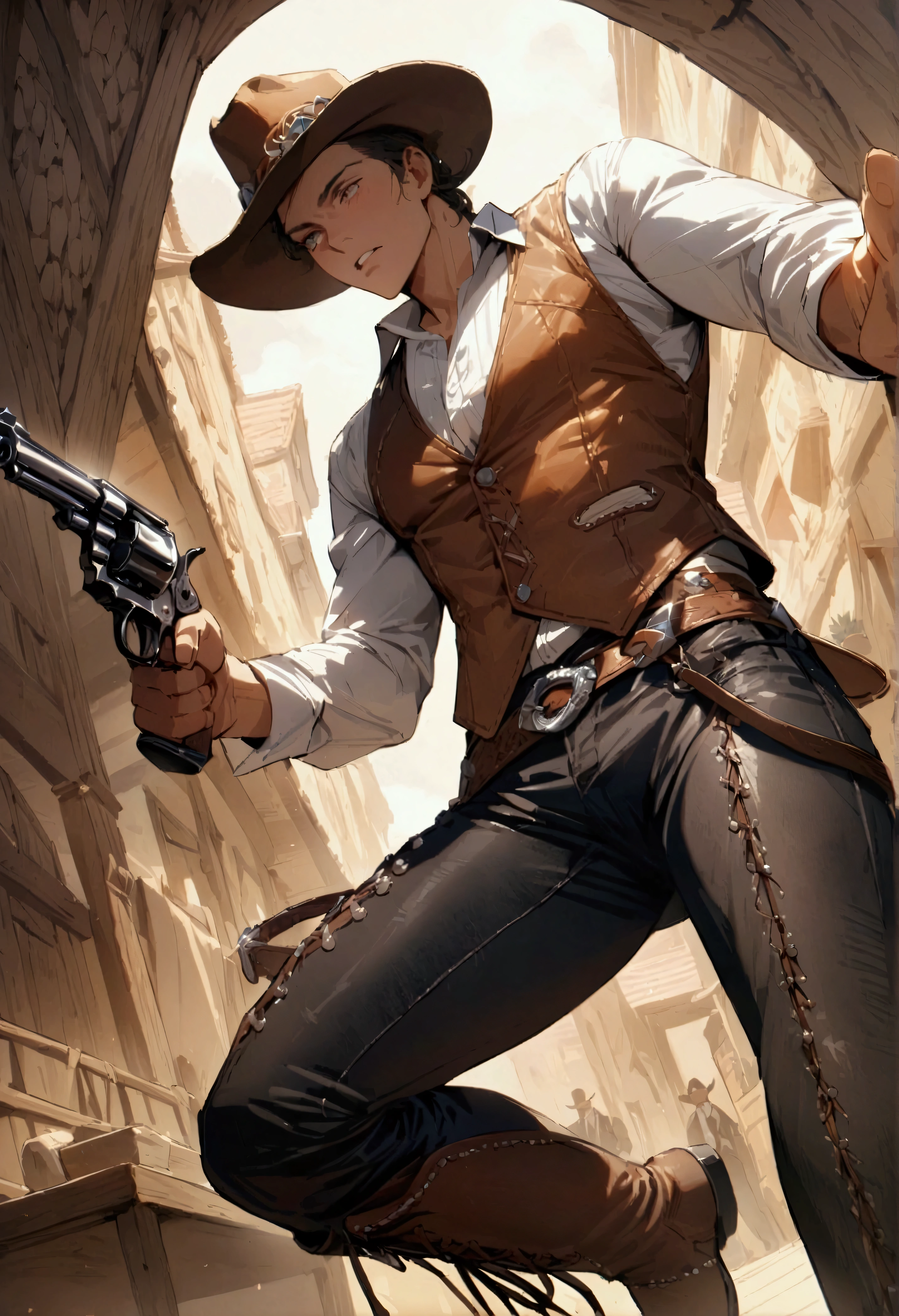 Western Cowboy, Leather cowboy hat, white shirt, jeans waistcoat, leather trousers, western boots, Dueling gang members with a revolver, Masterpiece,(Best Quality, Ultra high Detailes, intricate details, intricate detail texture,
