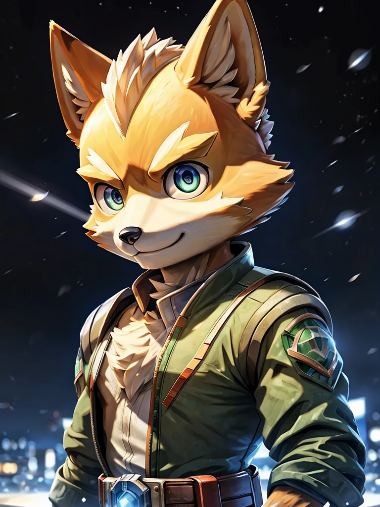 Very beautiful furry art, Fursona Art, Official Art, Eye-catching, detailed art, Fantasy Portrait, (((Fox McCloud))), (Star Fox), Very captivating, Official Art, Perfect lighting, masterpiece, Ultra-fine, Perfect Anatomy, perfect face, high quality, (male fox), Familiar, Cinema Lighting, Sparkling Eyes, The background is a night city, (Oblique view), ((The entire upper body is visible)), 8K high resolution, Correct Anatomy, Personification, Slim figure, Written boundary depth, Perfect lighting, Hyper Detail, Sharp Focus, Real, kind, Sparkling Eyes
