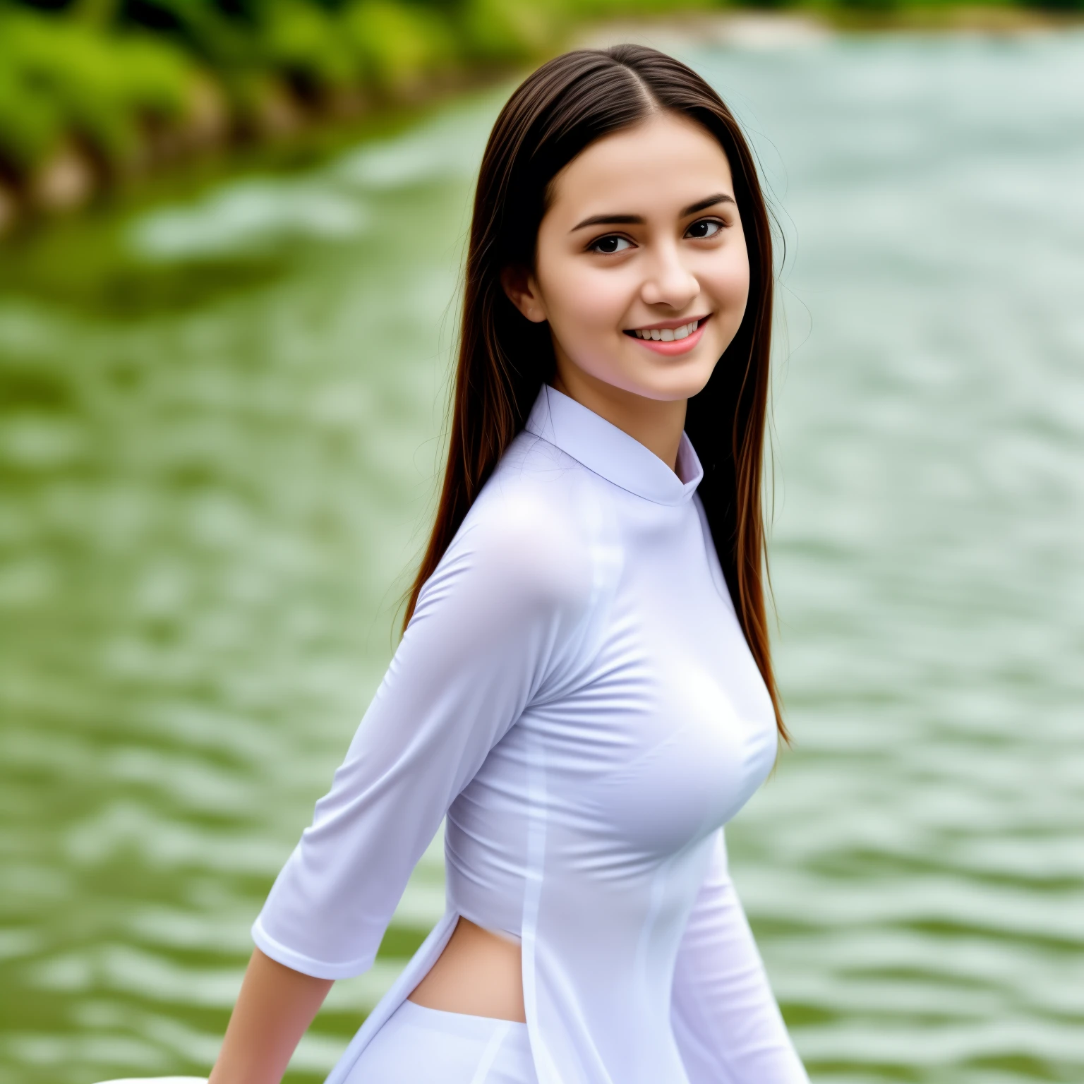 1girl, beautiful detailed eyes, beautiful detailed lips, extremely detailed face, long eyelashes, natural smile, looking at viewer, 20 years old, white traditional school girl uniform, soaked wet clothes, wet hair, outdoor, in the river, (best quality, 8k, ultra-detailed, photo-realistic, masterpiece:1.2)