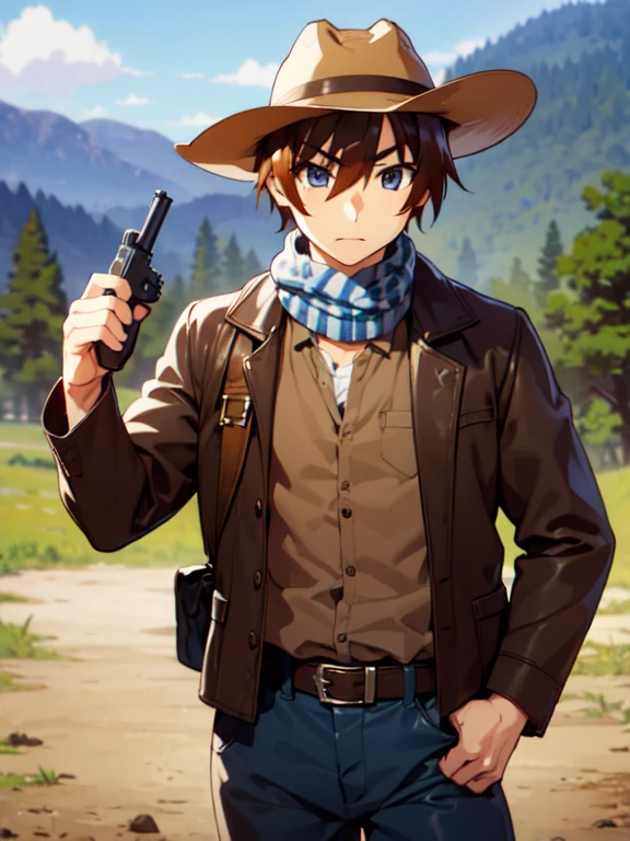 (Ultra-high resolution), (masterpiece), (Attention to detail), (high quality), (最high quality), One Man, (Keiichi_Maehara), Brown Hair, blue eyes, Western Cowboy, (Cowboy hat), leather jacket, scarf, Denim pants, boots, belt, holster, revolver, Showdown scene in the wilderness, Cowboy standing in the dust, The moment he was about to pull out his gun