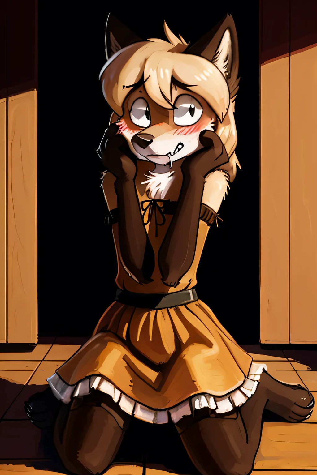 alone, Wolf, ((male)), thin, Day, ((Twink)), detailed, Uploaded to e621, beautiful and detailed portrait of an anthropomorphic boy, Faux Hawk Hair, (((male))), subtraction, Uploaded to e621, (detailed German Oktoberfest dress, garter, petticoat, Hanging the shoulder strap), Embarrassing, Embarrassing, avert your eyes, blush, On my knees, Biting your lip, Photo session, Blackmail,