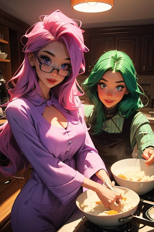 Two women. Perfect faces. Perfect hands. A pink haired woman with violet eyes and an hourglass figure is cooking dinner with a green haired woman with violet eyes with an hourglass figure and glasses in matching pajamas and big smiles in a gothic kitchen