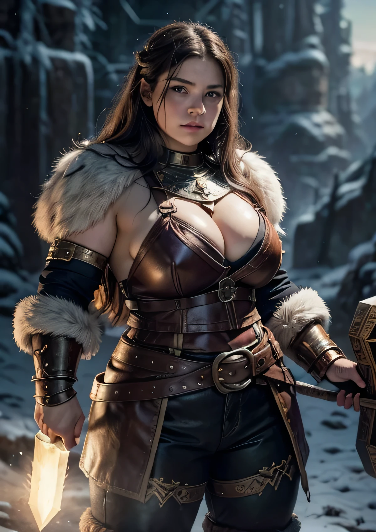a painting of a powerful mountain dwarf holding a combat hammer, in bearskin armor covering his breastplate, she only wears pants that cover her powerful muscular thighs, she wears furry leather boots, holding a large War Hammer, dwarf warrior woman, a beautiful berserker woman, north female warrior, Female Warrior, north adult female warrior, female barbara, dwarven woman, viking feminino, picture of female barbara, female dwarf woman