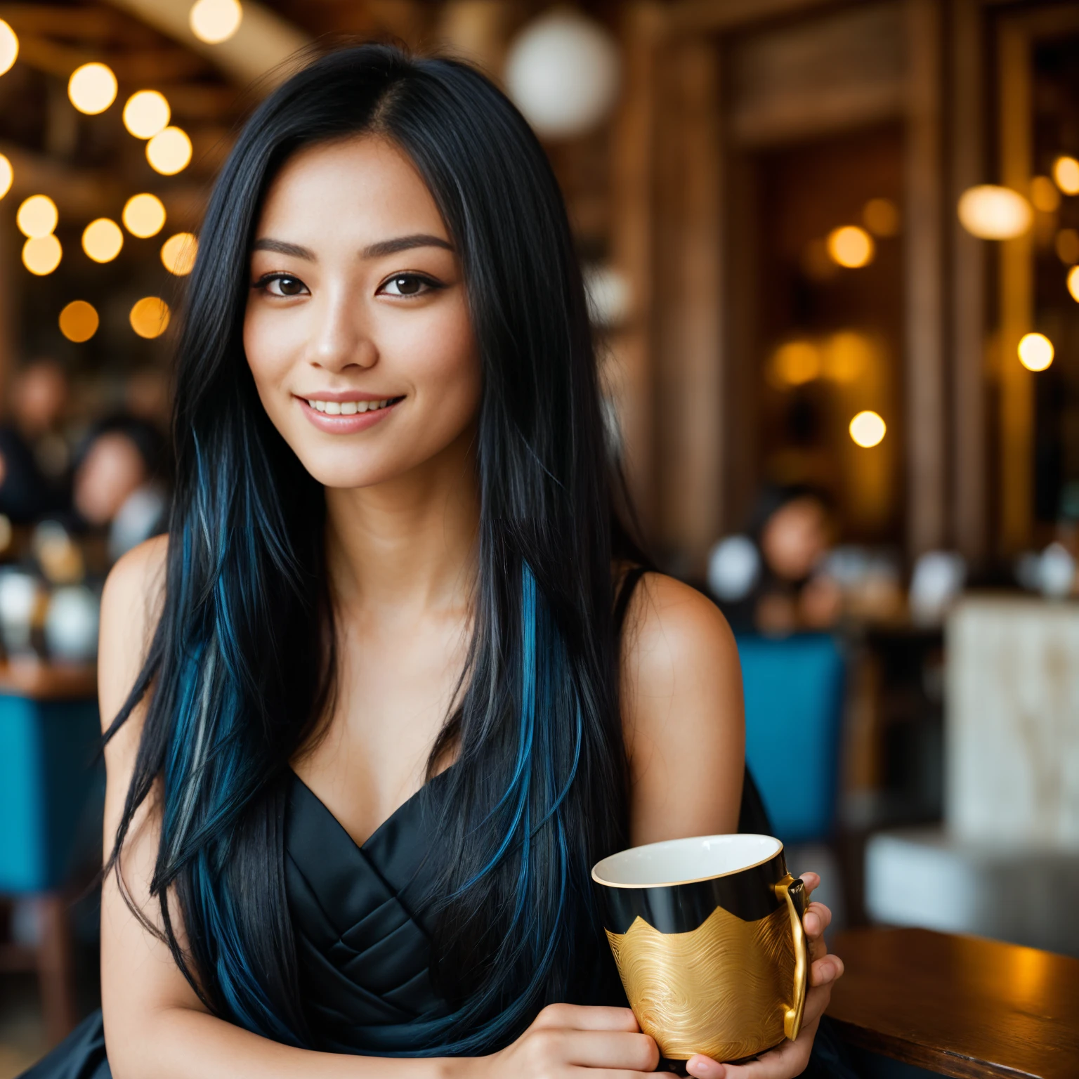 arafed woman with long black hair with deep blue highlights in a cafe, flowing black hair, with black hair, photo of a beautiful woman, long flowing black hair, black golden hair, curly black hair, beautiful young asian woman, beautiful asian woman, wild ginger hair, black wispy hair, light black hair, a young asian woman, an asian woman, infp young woman, Portrait photo of a 24-year-old french girl in RAW UHD format (Brown-eyed woman), Details (textures! , Hair! , glistering, Color!! , imperfections: 1.1), DSLR Lighting, SLR camera, Ultra-Quality, sharpness, Film grain (Downtown), Fujifilm XT3, Crystal clear, Frame Center, beatiful face, (sharp-focus), bokeh (lit), day time, (open sky), detailed skin pores, oilly skin, suntan, Complex eye details, beautiful face, ((smiling)), gold jewelry, ((black mug in hand)) ,low camera angle, long distance, ((very elegant blue and black gown)), (beautiful eyes)