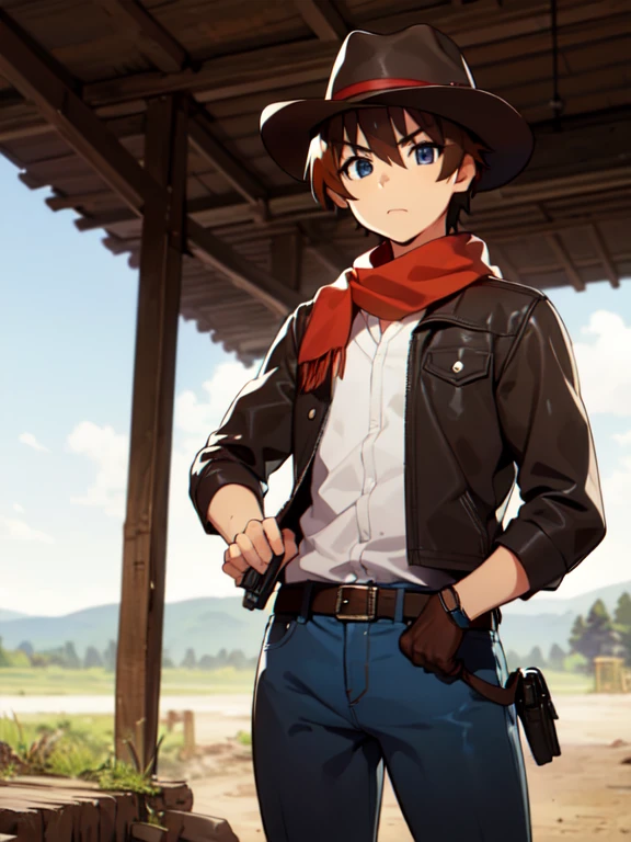 (Ultra-high resolution), (masterpiece), (Attention to detail), (high quality), (最high quality), One Man, (Keiichi_Maehara), Brown Hair, blue eyes, Western Cowboy, (Cowboy hat), leather jacket, scarf, Denim pants, boots, belt, holster, revolver, Showdown scene in the wilderness, Cowboy standing in the dust, The moment he was about to pull out his gun