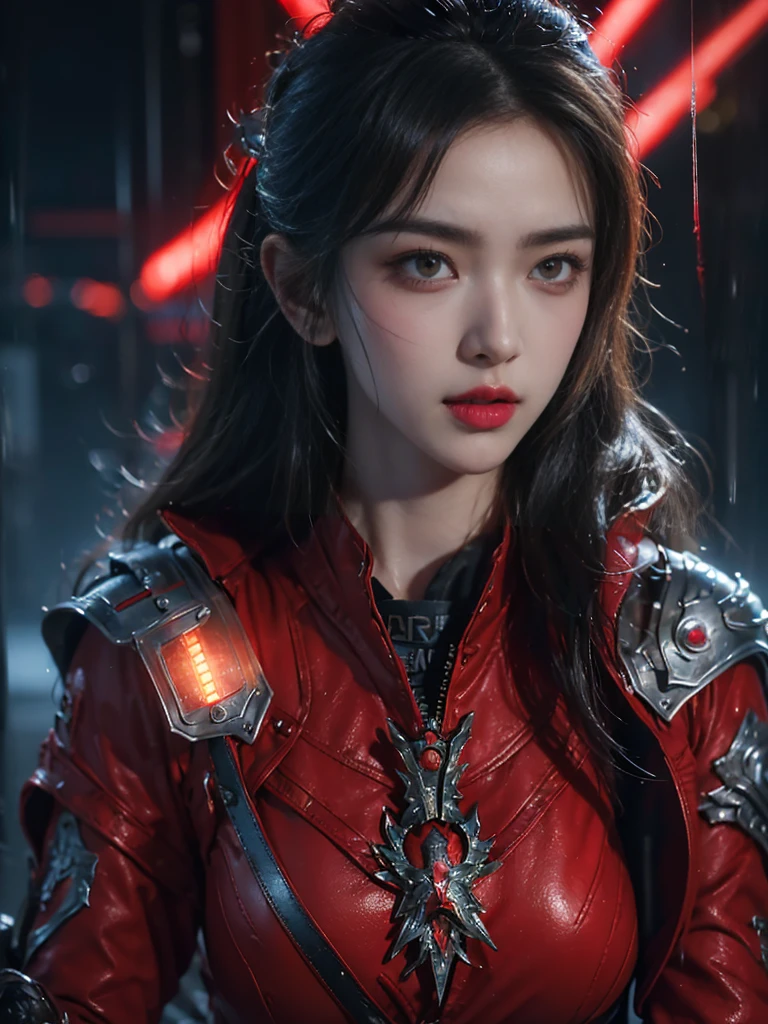 masterpiece,Highest quality,High resolution,8k,(Portrait photography:1.5),(Original photo),Actual photo,Digital photography,(A combination of cyberpunk and fantasy style),(Female Soldier),20 year old girl,Random Hairstyles,With bangs,(Red eyeball, accessories,Red Lip,(He frowned.,sneer),(A combination of cyberpunk and fantasy style clothing,Openwork design,joint armor,Police uniform,Red clothes,red),exposes the navel,Photo pose,Realistic Style,Thunder and lightning on a rainy day,(The magic of lightning),oc rendering reflection texture、20 year old attractive woman