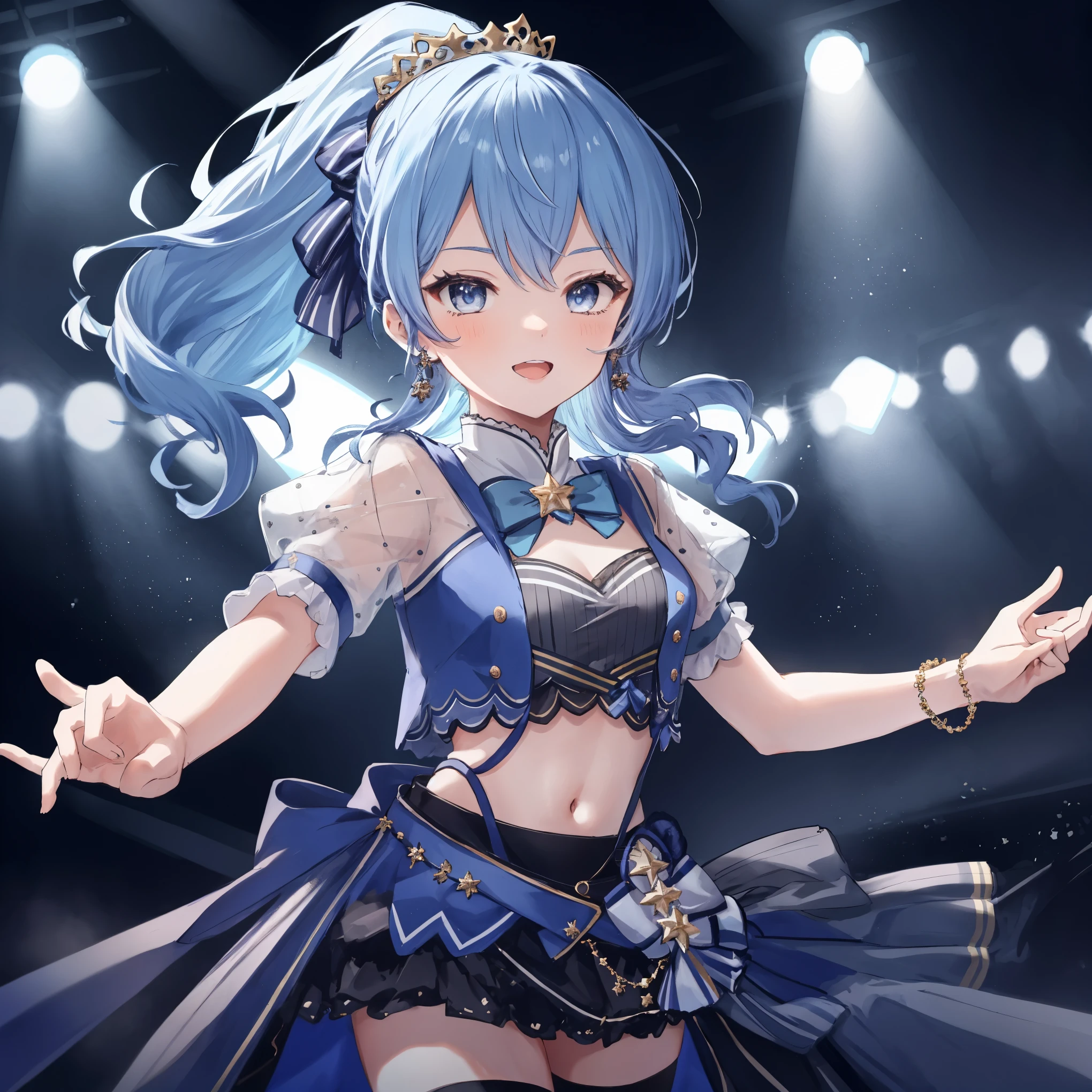 masterpiece, best quality, absurdres, 1girl, solo, Hoshimachi Suisei, light blue hair, blue eyes, happy, smile, parted lips, cowboy shot, sidelocks, ponytail, toned,
idol, idol clothes, hololive idol uniform, bowtie, blue skirt, brooch, dress, concert, on stage, frilled skirt, jewelry, layered dress, short sleeves, tiara, midriff, thighhighs(,shout:1.3),.(open_mouth:1.3),singing,(angry:0.6), glare, idle_live,audience_landscape,light up_girl,solo,shiny_effects,