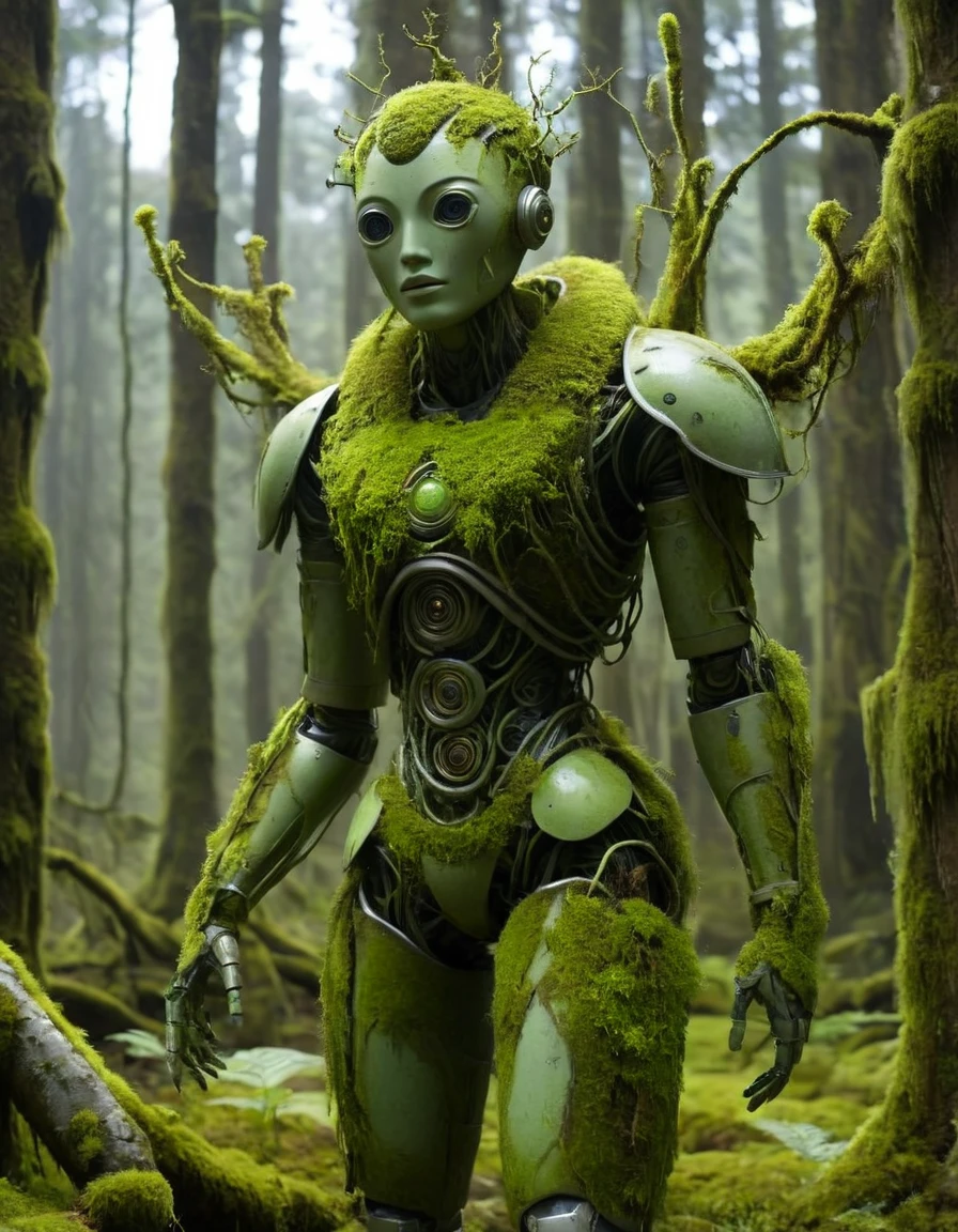 "Design a robot completely covered in lush, green moss, creating a striking blend of technology and nature. The robot's exterior is entirely enveloped in thick, velvety moss that gives it a soft, natural appearance. Its body is constructed with a framework of intertwining branches and stems, which serve as the base for the moss to grow and thrive. The robot’s limbs are composed of flexible, vine-like tendrils that move fluidly, with patches of moss clinging to them. Its eyes are smooth, polished stones set into the moss, glowing faintly with a warm, bioluminescent light. The robot’s core is an intricate, moss-covered structure with small, flowering plants sprouting from it, symbolizing its integration with nature. It stands in a tranquil, shaded forest, where it seamlessly blends into the surrounding foliage, appearing as a living extension of the natural world. The overall effect is a harmonious, futuristic entity that embodies both technological sophistication and natural beauty."