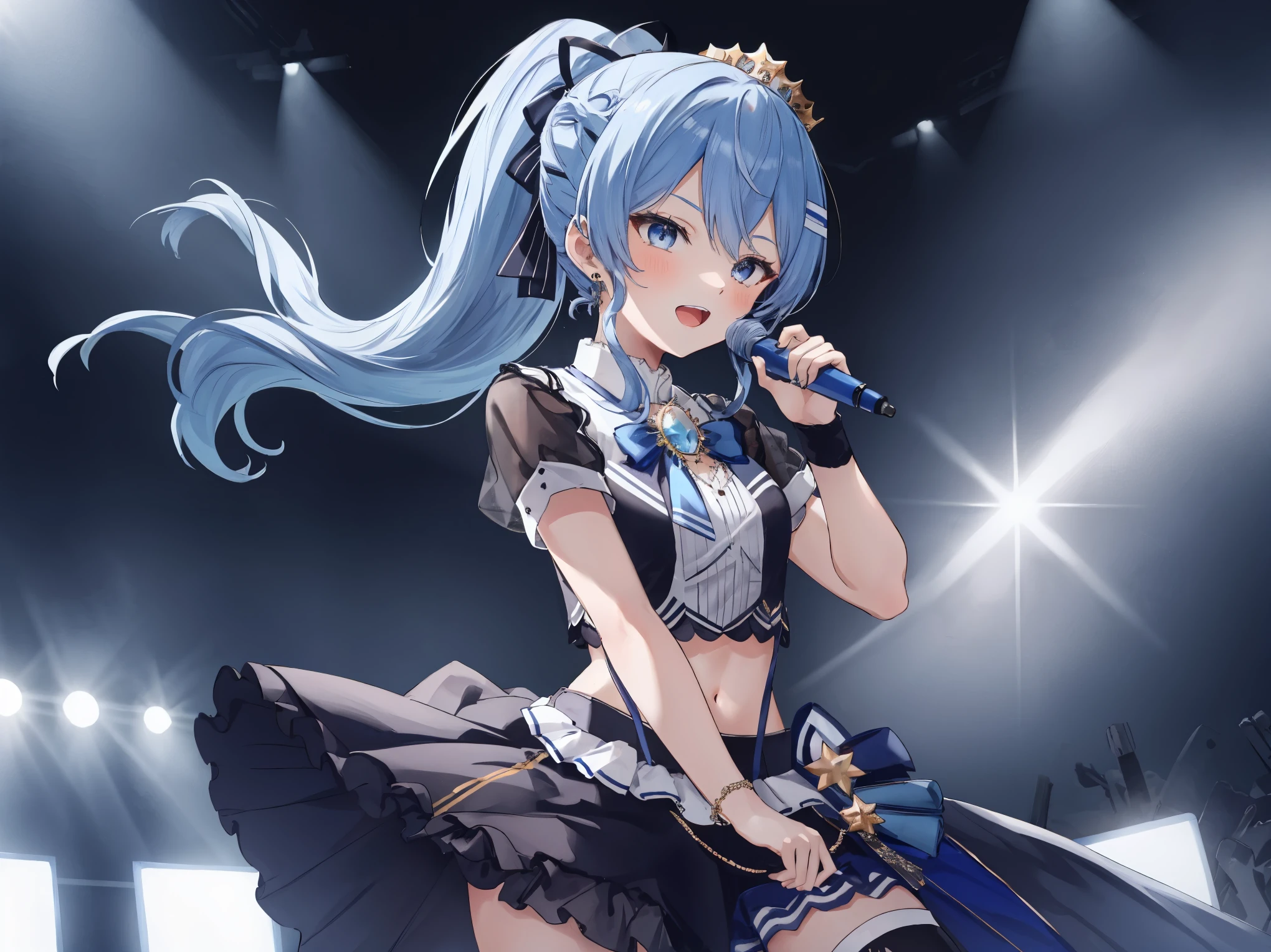 masterpiece, best quality, absurdres, 1girl, solo, Hoshimachi Suisei, light blue hair, blue eyes, happy, smile, parted lips, cowboy shot, sidelocks, ponytail, toned,
idol, idol clothes, hololive idol uniform, bowtie, blue skirt, brooch, dress, concert, on stage, frilled skirt, jewelry, layered dress, short sleeves, tiara, midriff, thighhighs(,shout:1.3),.(open_mouth:1.3),singing,(angry:0.6), glare, idle_live,audience_landscape,light up_girl,solo,shiny_effects,