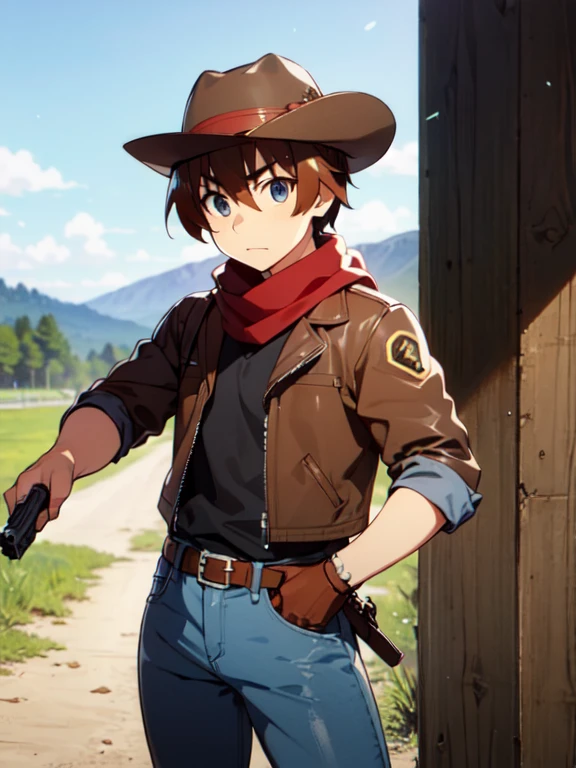 (Ultra-high resolution), (masterpiece), (Attention to detail), (high quality), (最high quality), One Man, (Keiichi_Maehara), Brown Hair, blue eyes, Western Cowboy, (Cowboy hat), leather jacket, scarf, Denim pants, boots, belt, holster, revolver, Showdown scene in the wilderness, Cowboy standing in the dust, The moment he was about to pull out his gun