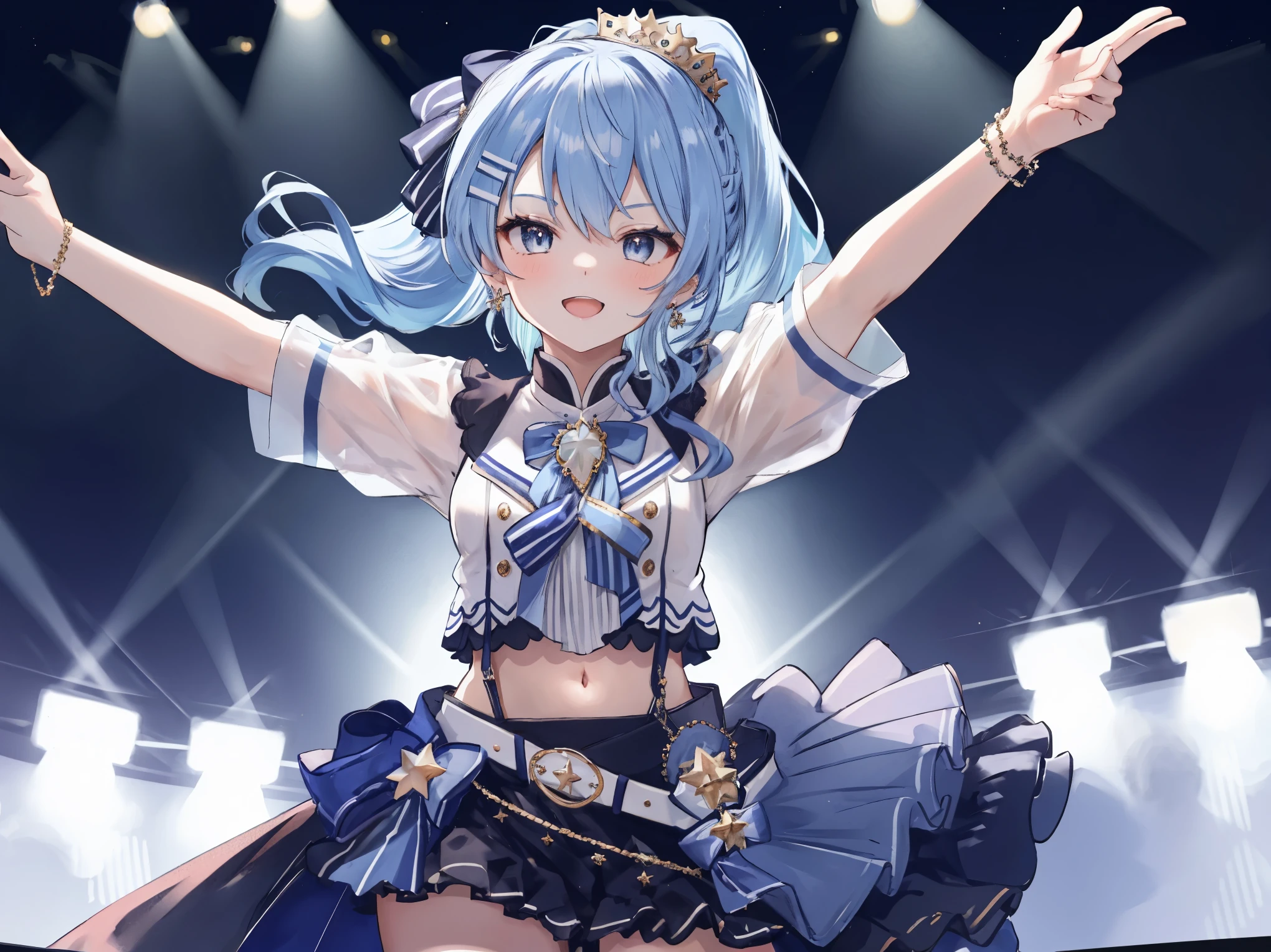 masterpiece, best quality, absurdres, 1girl, solo, Hoshimachi Suisei, light blue hair, blue eyes, happy, smile, parted lips, cowboy shot, sidelocks, ponytail, toned,
idol, idol clothes, hololive idol uniform, bowtie, blue skirt, brooch, dress, concert, on stage, frilled skirt, jewelry, layered dress, short sleeves, tiara, midriff, thighhighs(,shout:1.3),.(open_mouth:1.3),singing,(angry:0.6), glare, idle_live,audience_landscape,light up_girl,solo,shiny_effects,
