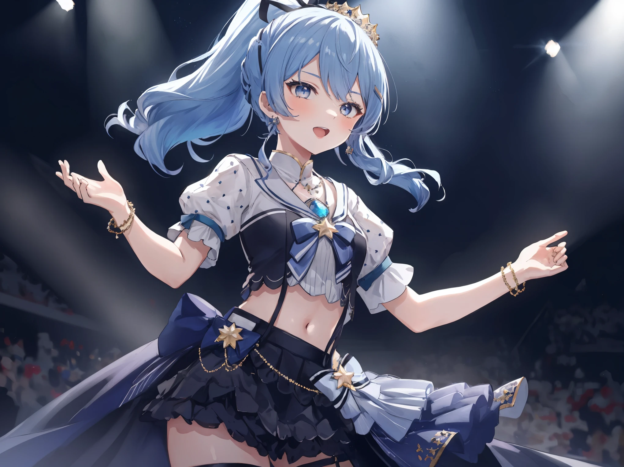 masterpiece, best quality, absurdres, 1girl, solo, Hoshimachi Suisei, light blue hair, blue eyes, happy, smile, parted lips, cowboy shot, sidelocks, ponytail, toned, 
idol, idol clothes, hololive idol uniform, bowtie, blue skirt, brooch, dress, concert, on stage, frilled skirt, jewelry, layered dress, short sleeves, tiara, midriff, thighhighs(,shout:1.3),.(open_mouth:1.3),singing,(angry:0.6), glare, idle_live,audience_landscape,light up_girl,solo,shiny_effects,