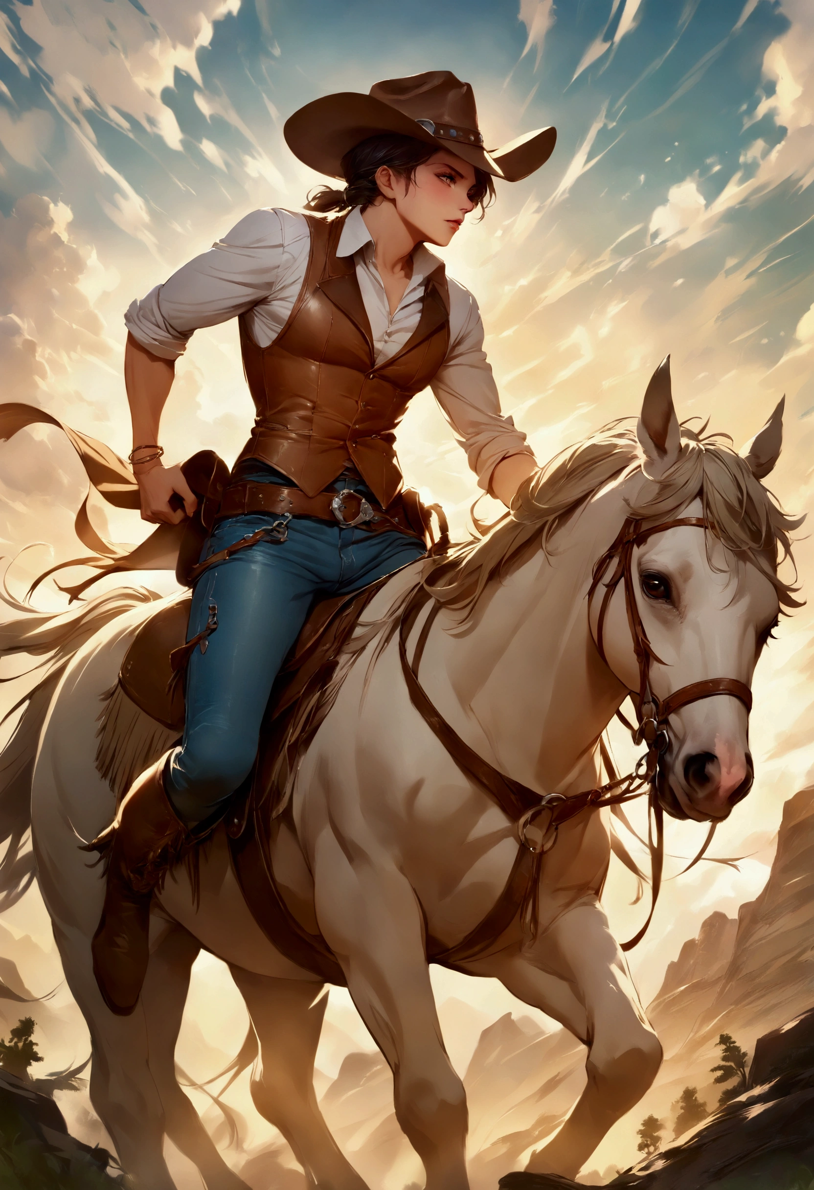 Western Cowboy, Leather cowboy hat, white shirt, jeans waistcoat, leather trousers, western boots, Dueling gang members with a revolver, Masterpiece,(Best Quality, Ultra high Detailes, intricate details, intricate detail texture,
