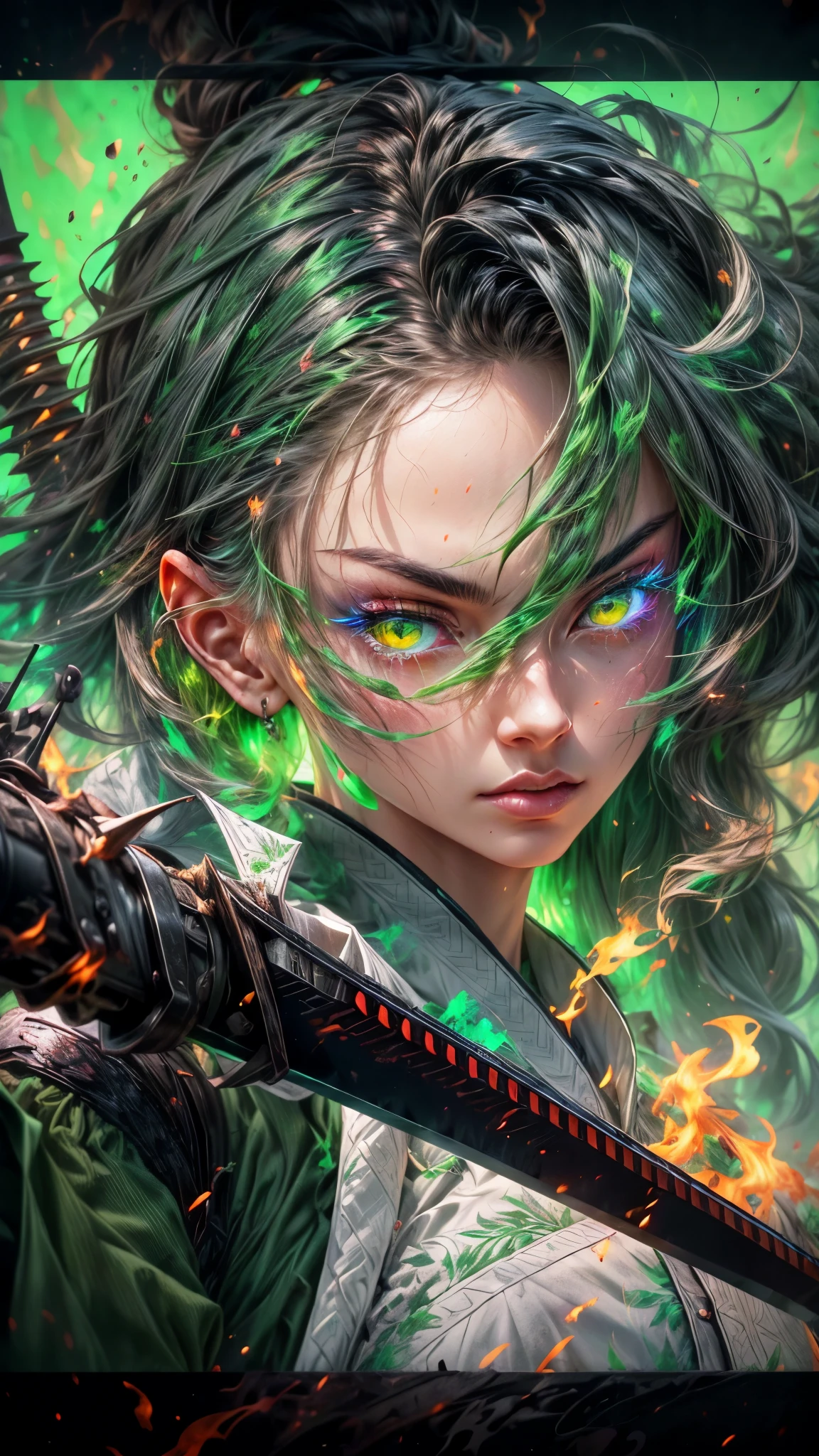 a young woman with pale skin, bright green eyes, green tied hair, beautiful and perfect demon face, concentrated expression, wearing loose and dark samurai clothing, holding a katana filled with green flames, surrounded by bright green flames, in a colorful and dynamic anime-style epic scene, with a floated and dark background, (best quality,4k,8k,highres,masterpiece:1.2),ultra-detailed,(realistic,photorealistic,photo-realistic:1.37),HDR,UHD,studio lighting,ultra-fine painting,sharp focus,physically-based rendering,extreme detail description,professional,vivid colors,bokeh