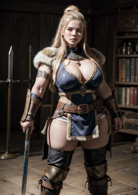 a painting of a powerful mountain dwarf holding a combat hammer, in bearskin armor covering his breastplate, she only wears pants that cover her powerful muscular thighs, she wears furry leather boots, holding a large War Hammer, dwarf warrior woman, a beautiful berserker woman, north female warrior, Female Warrior, north adult female warrior, female barbara, dwarven woman, viking feminino, picture of female barbara, female dwarf woman