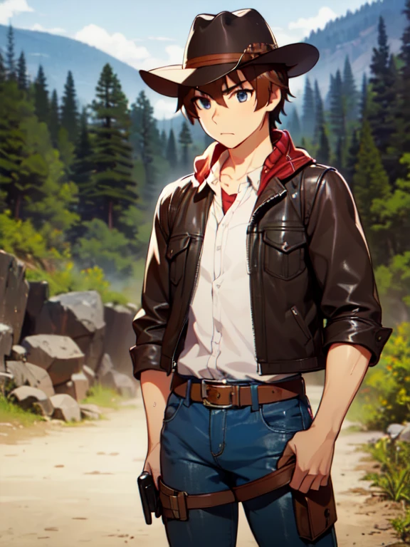 (Ultra-high resolution), (masterpiece), (Attention to detail), (high quality), (最high quality), One Man, (Keiichi_Maehara), Brown Hair, blue eyes, Western Cowboy, (Cowboy hat), leather jacket, scarf, Denim pants, boots, belt, holster, revolver, Showdown scene in the wilderness, Cowboy standing in the dust, The moment he was about to pull out his gun