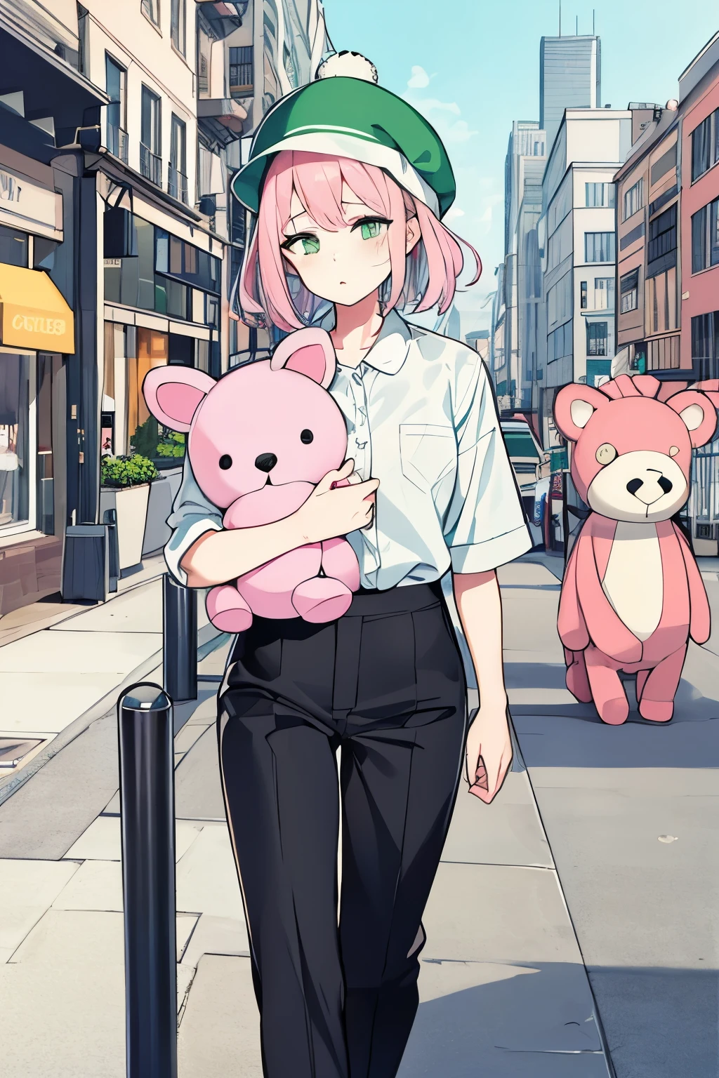((Highest quality)), ((masterpiece)), (detailed), One girl, Work clothes.Sleepy face.Pastel pink hair.Pastel green eyes、stuffed toy、silk hat.City background、Walking