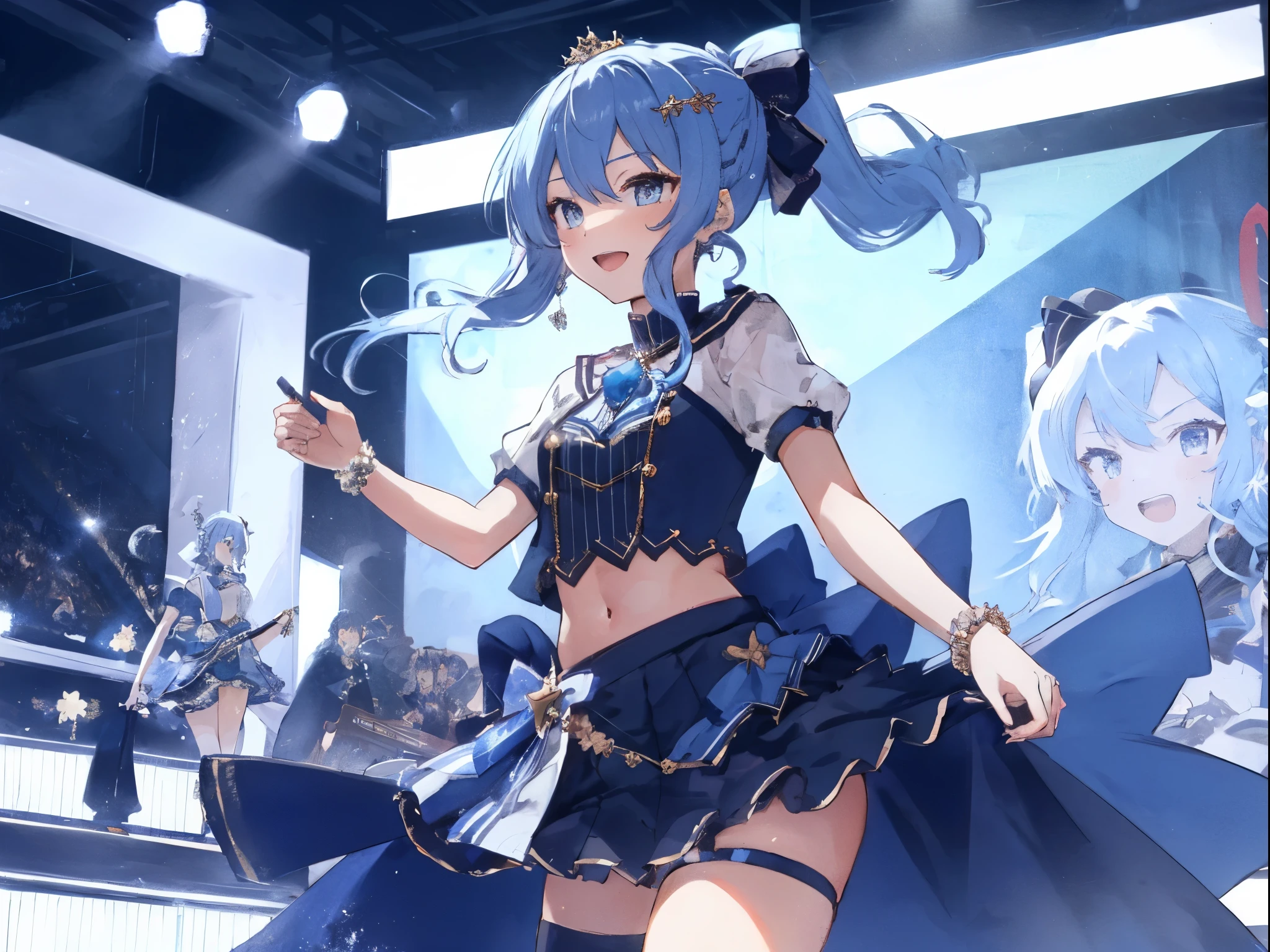 masterpiece, best quality, absurdres, 1girl, solo, Hoshimachi Suisei, light blue hair, blue eyes, happy, smile, parted lips, cowboy shot, sidelocks, ponytail, toned, 
idol, idol clothes, hololive idol uniform, bowtie, blue skirt, brooch, dress, concert, on stage, frilled skirt, jewelry, layered dress, short sleeves, tiara, midriff, thighhighs(,shout:1.3),.(open_mouth:1.3),singing,(angry:0.6), glare, idle_live,audience_landscape,light up_girl,solo,shiny_effects,