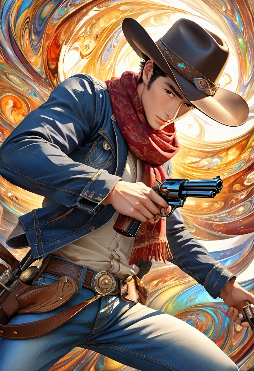 ( 正確perfect anatomy )A boy wearing jeans and a cowboy hat carries a scarf, Close-up high dynamic range of very handsome man holding pistol and aiming forward dynamically
( perfect anatomy ) Aim ahead,shine brightly ( perfect anatomy ) Handsome western cowboy shiny spinning high dynamic swirl around man,
Swirling dynamics dissolve into perfect compositions, intricate details and meticulous digital art.