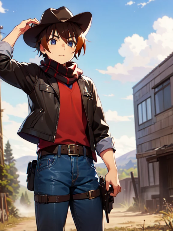 (Ultra-high resolution), (masterpiece), (Attention to detail), (high quality), (最high quality), One Man, (Keiichi_Maehara), Brown Hair, blue eyes, Western Cowboy, (Cowboy hat), leather jacket, scarf, Denim pants, boots, belt, holster, revolver, Showdown scene in the wilderness, Cowboy standing in the dust, The moment he was about to pull out his gun, Dust in the wind