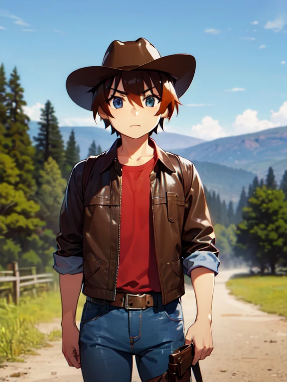 (Ultra-high resolution), (masterpiece), (Attention to detail), (high quality), (最high quality), One Man, (Keiichi_Maehara), Brown Hair, blue eyes, Western Cowboy, (Cowboy hat), leather jacket, scarf, Denim pants, boots, belt, holster, revolver, Showdown scene in the wilderness, Cowboy standing in the dust, The moment he was about to pull out his gun, Dust in the wind