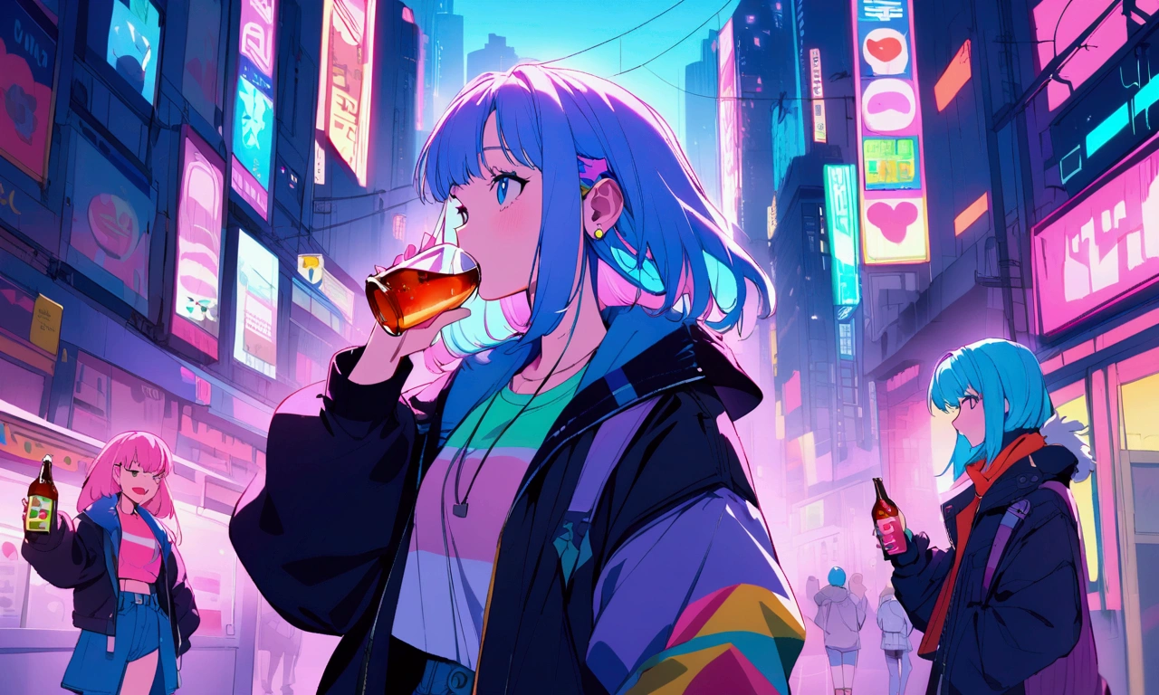 Pink and blue hair girl, soda, Inspired by 90s anime, Cyberpunk City, praise, colorful, listen to music, Pink Hair, Blue Hair、Drinking alcohol