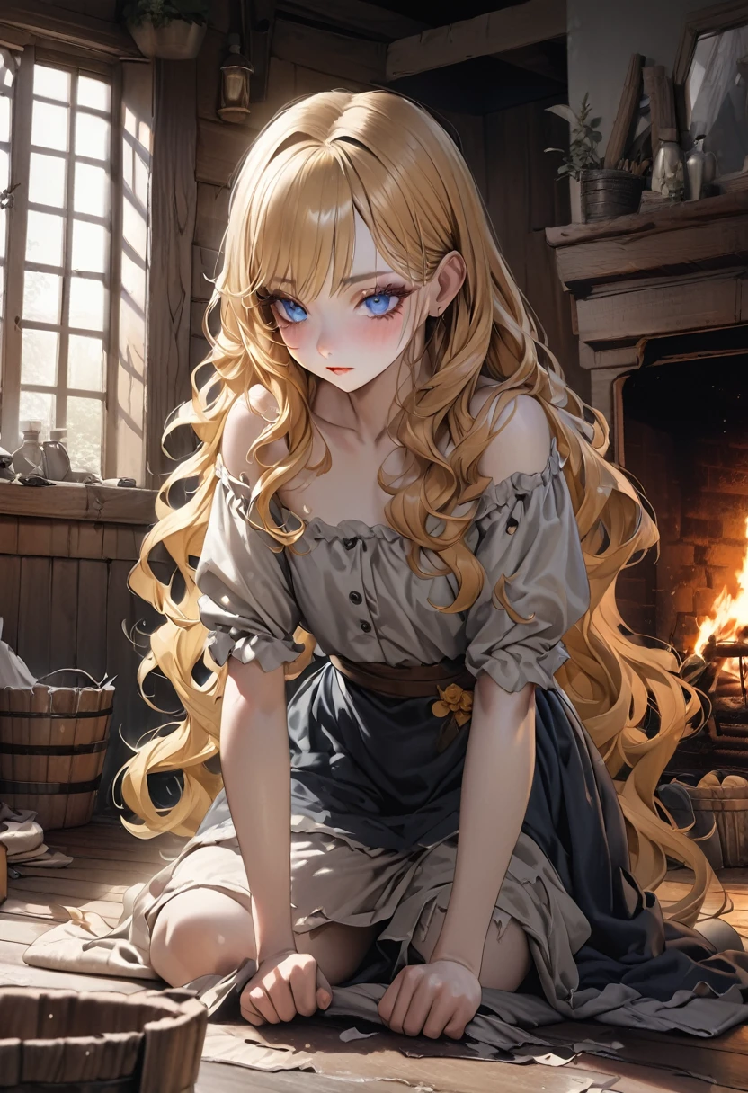 master piece, ultra detailed, hyper realistic, 25yo, female, Ragged and shabby servant dress, Charcoal blackened face and hands, wavy hair, yellow hair, silky hair, blue eyes, long eyelashes, yellow eyebrows, pale skin, The way the floor is being wiped down, Rags and wooden one buckets, Beautiful house with fireplace, fairy tale charm,
