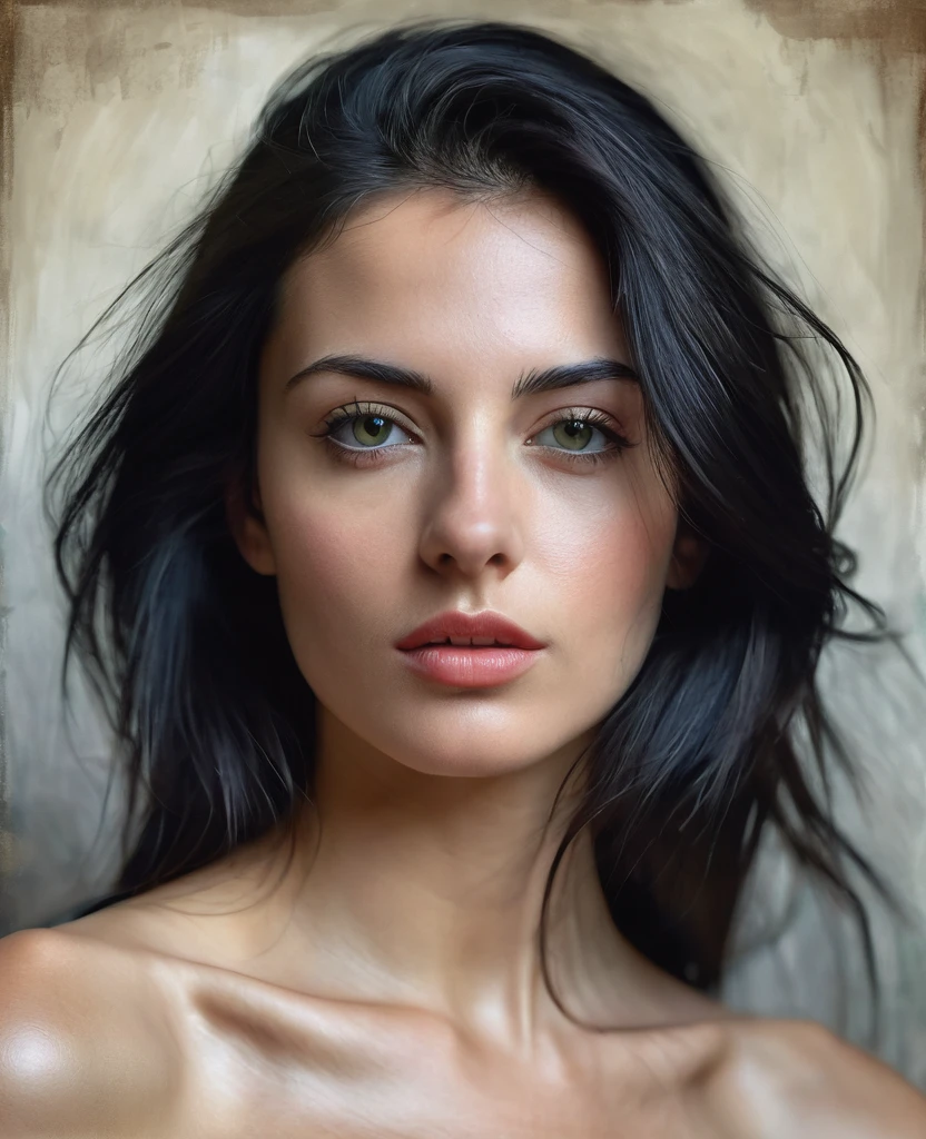 Portrait of a beautiful Italian woman, 28 years old, small breasts, natural lips a little juicy, long black hair with shaved sides , yeux verts, realism, digital painting, Art conceptuel, fluidity, sharpness, rule of thirds, 35 mm, full-length