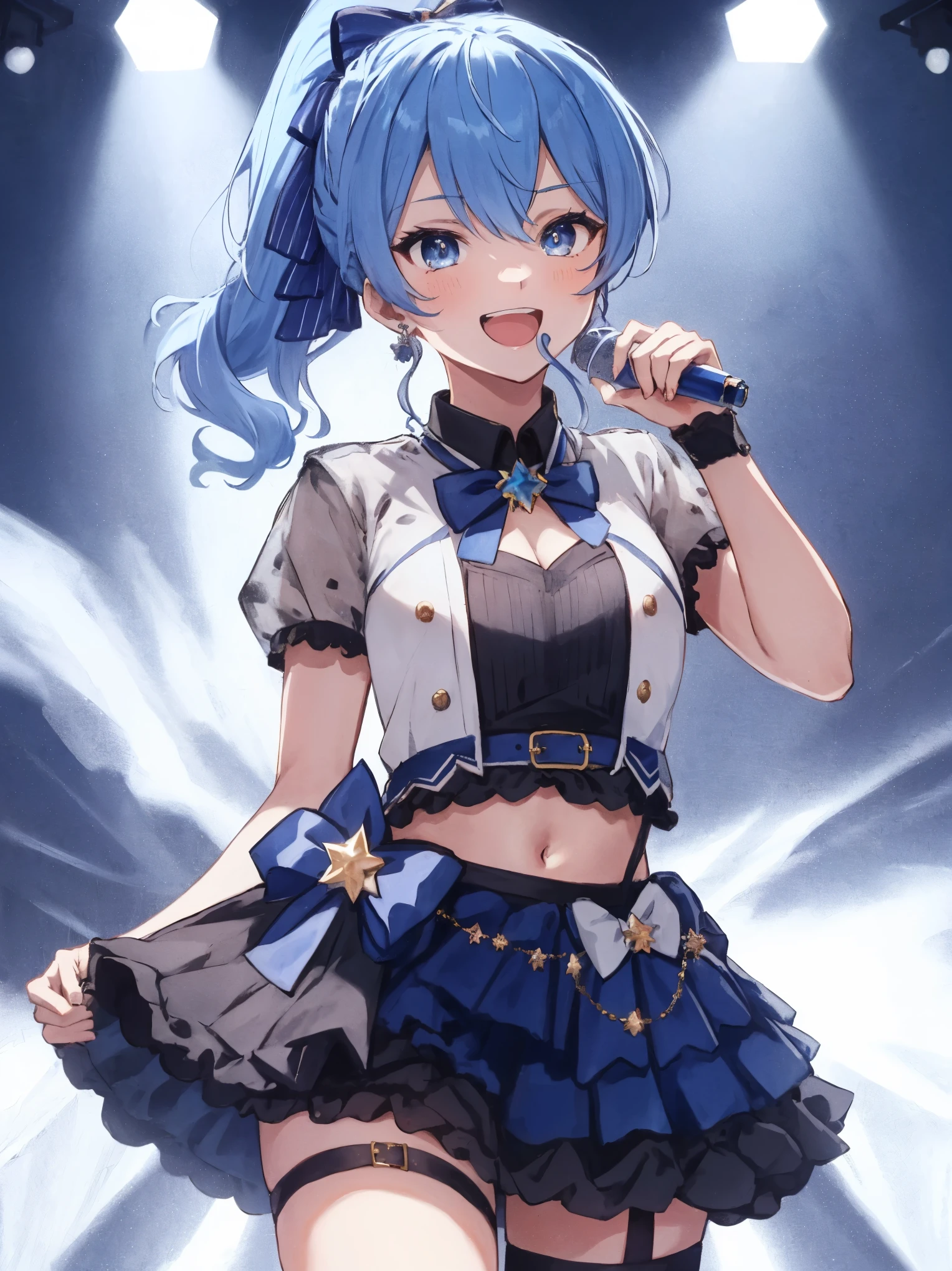 masterpiece, best quality, absurdres, 1girl, solo, Hoshimachi Suisei, light blue hair, blue eyes, happy, smile, parted lips, cowboy shot, sidelocks, ponytail, toned,
idol, idol clothes, hololive idol uniform, bowtie, blue skirt, brooch, dress, concert, on stage, frilled skirt, jewelry, layered dress, short sleeves, tiara, midriff, thighhighs(,shout:1.3),.(open_mouth:1.3),singing,(angry:0.6), glare, idle_live,audience_landscape,light up_girl,solo,shiny_effects,