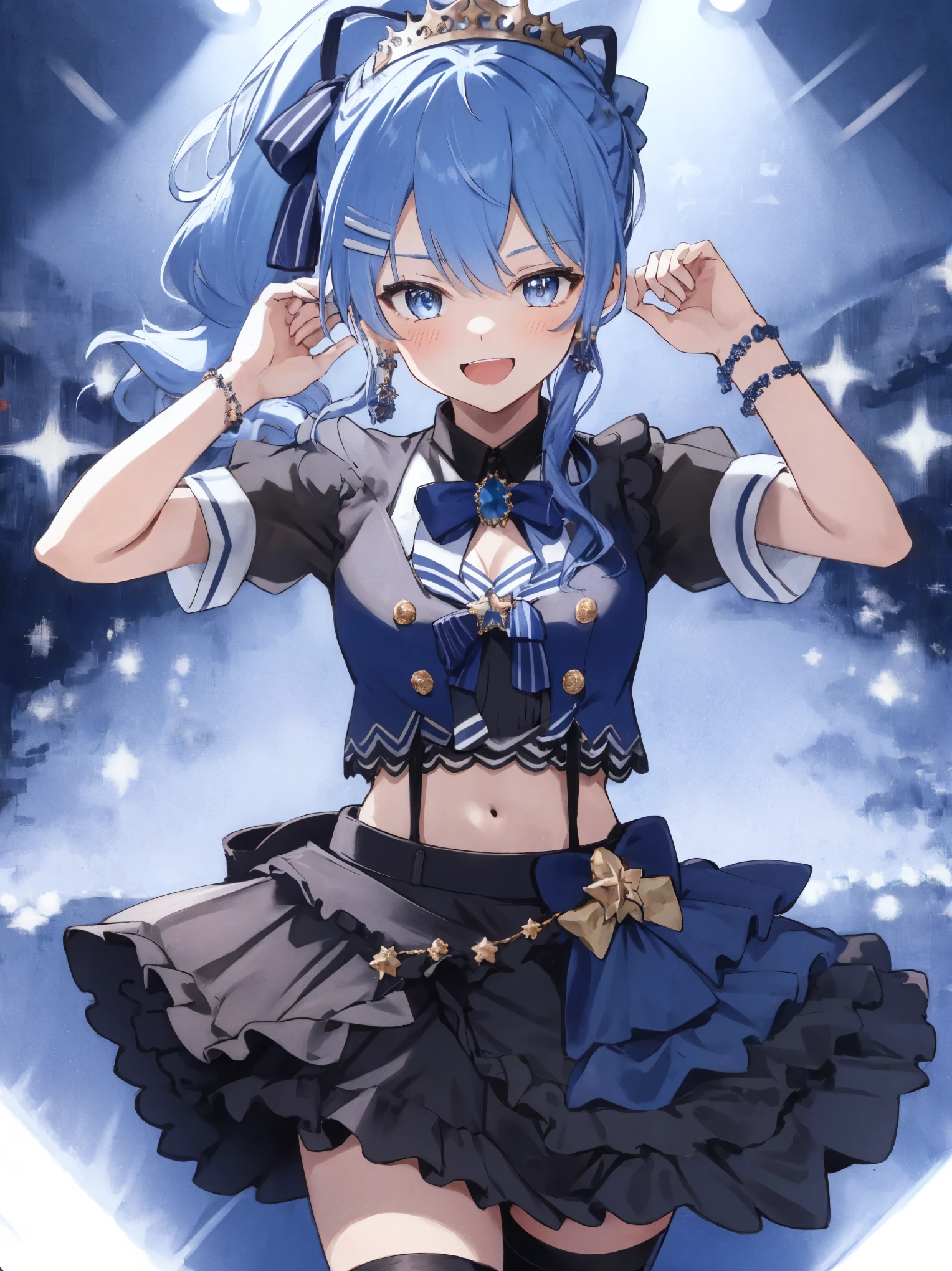 masterpiece, best quality, absurdres, 1girl, solo, Hoshimachi Suisei, light blue hair, blue eyes, happy, smile, parted lips, cowboy shot, sidelocks, ponytail, toned,
idol, idol clothes, hololive idol uniform, bowtie, blue skirt, brooch, dress, concert, on stage, frilled skirt, jewelry, layered dress, short sleeves, tiara, midriff, thighhighs(,shout:1.3),.(open_mouth:1.3),singing,(angry:0.6), glare, idle_live,audience_landscape,light up_girl,solo,shiny_effects,