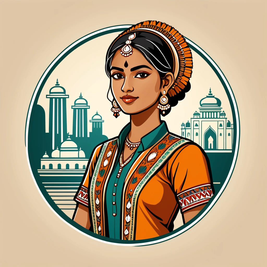 female	engineer	in indian folk outfit	,vector graphics, strong contours, logo design																						