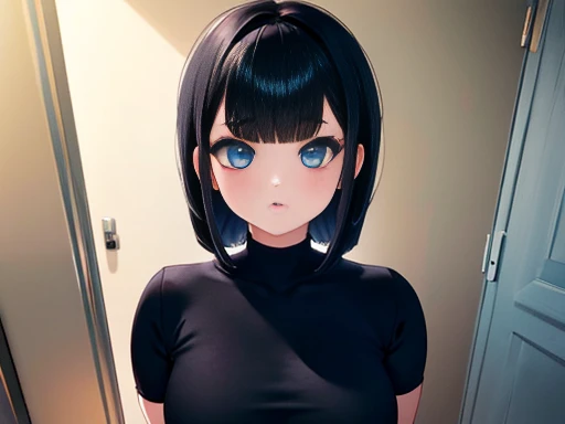 Chibi girl blue eyes short black hair with bangs style bob standing perfect detailed photography, bigger upper breast stunning body display 1.2 nudes, makeup gothic 