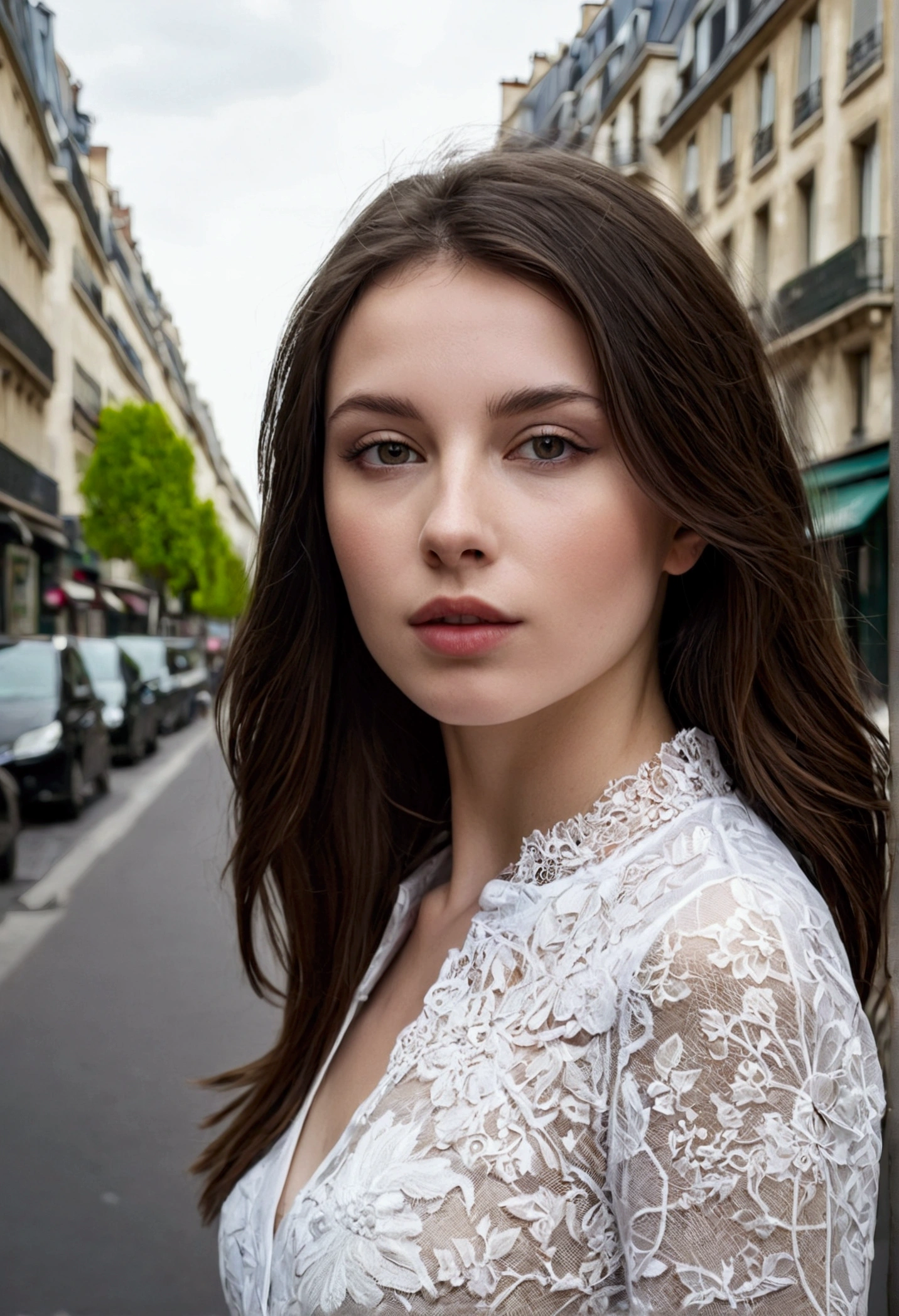 beautiful young brunette woman with white skin from the front in the streets of Paris