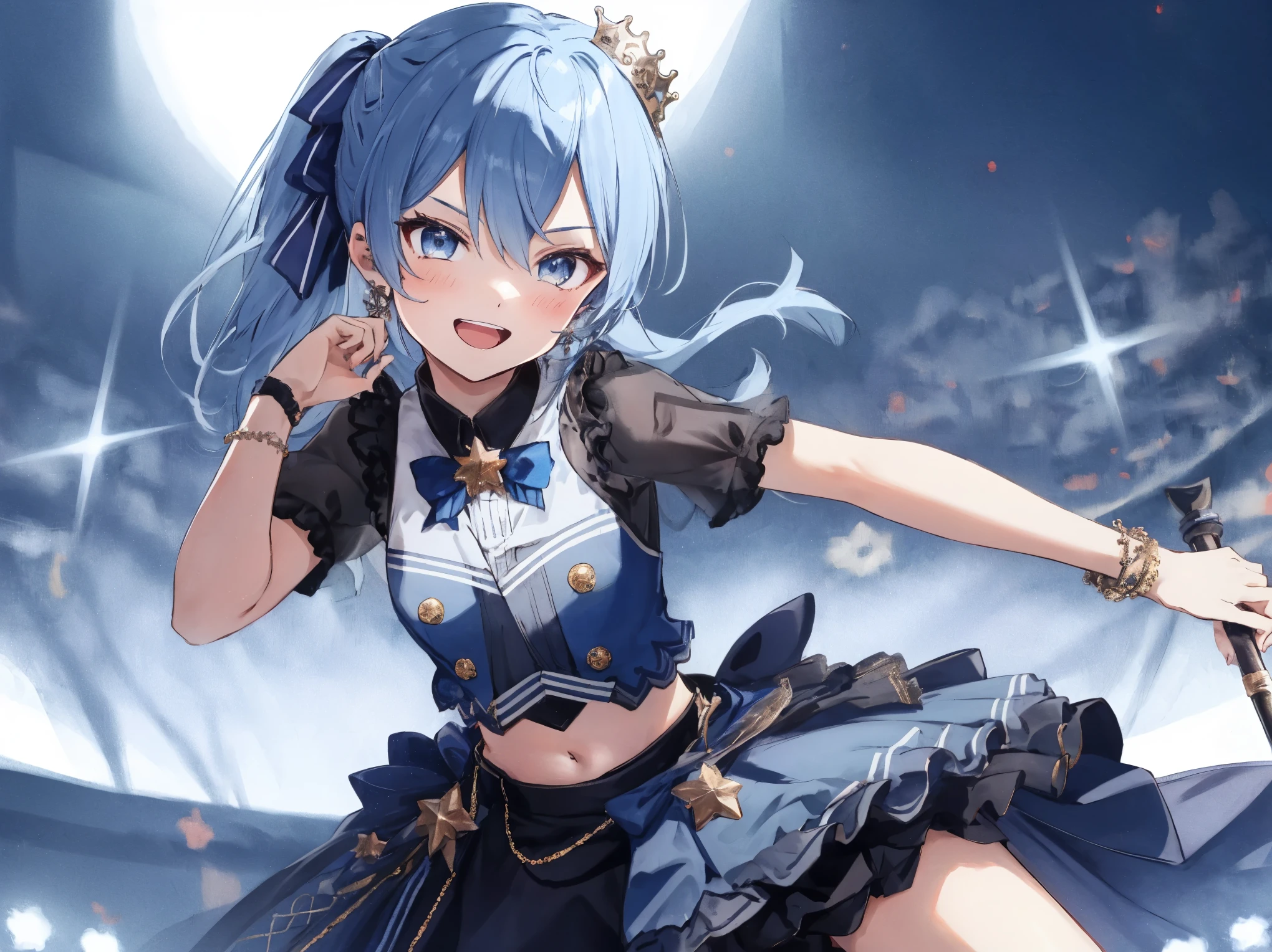 masterpiece, best quality, absurdres, 1girl, solo, Hoshimachi Suisei, light blue hair, blue eyes, happy, smile, parted lips, cowboy shot, sidelocks, ponytail, toned,
idol, idol clothes, hololive idol uniform, bowtie, blue skirt, brooch, dress, concert, on stage, frilled skirt, jewelry, layered dress, short sleeves, tiara, midriff, thighhighs(,shout:1.3),.(open_mouth:1.3),singing,(angry:0.6), glare, idle_live,audience_landscape,light up_girl,solo,shiny_effects,