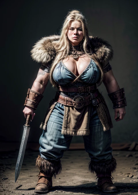 a painting of a powerful mountain dwarf holding a combat hammer, in bearskin armor covering his breastplate, she only wears pants that cover her powerful muscular thighs, she wears furry leather boots, holding a large War Hammer, dwarf warrior woman, a beautiful berserker woman, north female warrior, Female Warrior, north adult female warrior, female barbara, dwarven woman, viking feminino, picture of female barbara, female dwarf woman