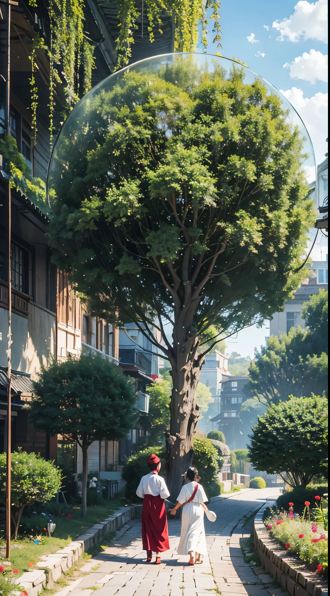 /I Three-dimensional antique,A three-dimensional character wearinghanfu, Photos of people walking through the green garden, in Chen Zhen style, surreal 3d landscape, Li Tiefu, pointed mounds, charming landscape, spherical shape, high-definition out of the picture
