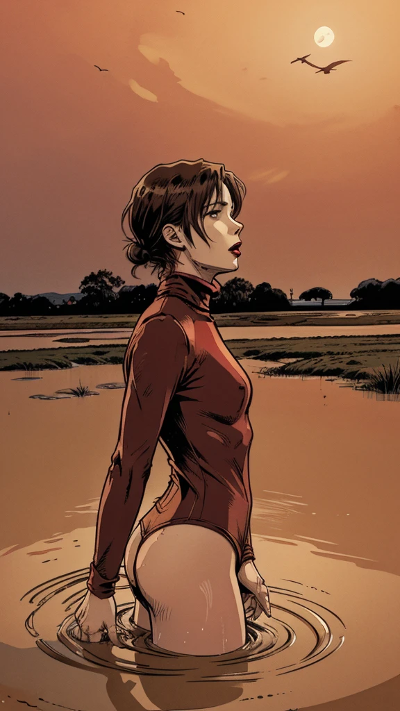 vector image, anime, mature woman, gloomy orgasm, turtleneck, drowning in the middle of quicksand bog,red,sky, red lips, turns around, from side view, sinking torso deep, deep in quicksand
