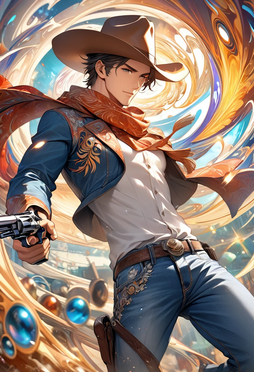 ( 正確perfect anatomy )A boy wearing jeans and a cowboy hat carries a scarf, Close-up high dynamic range of very handsome man holding pistol and aiming forward dynamically
( perfect anatomy ) Aim ahead,shine brightly ( perfect anatomy ) Handsome western cowboy shiny spinning high dynamic swirl around man,
Swirling dynamics dissolve into perfect compositions, intricate details and meticulous digital art.
