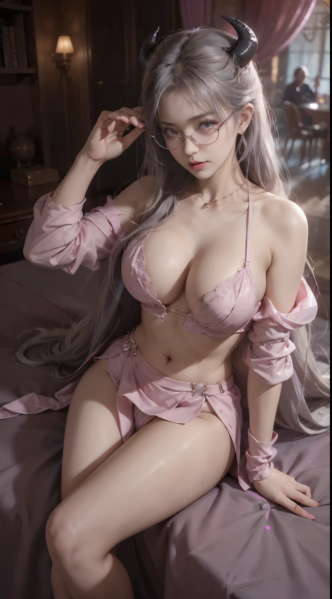 Dark style、Succubus、Devil's Daughter、Bat Wings,(((Demon Hornlack-rimmed round glasses))))、(((Colossal tits)))、(Devil's Tail),(Woman lying on bed)1 girl, Silver hair, striated hair, Bangs, Blunt bangs, Long hair, Pink hair, aqua eyes, longeyelashes, Purple eyes, makeup, Smile, Parted lips, Realism, Verism, surrealism, depth of fields, One-person viewpoint, retinas, masutepiece, ccurate, Anatomically correct, Textured skin,(Coarse short sweater)Floats off the shoulders、off shoulderlack tight skirt((Full Body Angle))、stick out buttocks)、(shapely breasts,)、((sexypose)))、(camel's toe), tongue、Vaginal orchids、Runny Vaginal Discharge、Blowing tide、Very beautiful breasts、Grasp your breasts with both hands、sexual excitement、 Expressions、shinny skin。realisitic、(Kpop Idol)、Medium Hair、(Pink blush)、(illuminating)、(solo)、dynamicposes、((erectile nipple))、(Puffy eyes:1.2)、 (Slim legs)、erotick