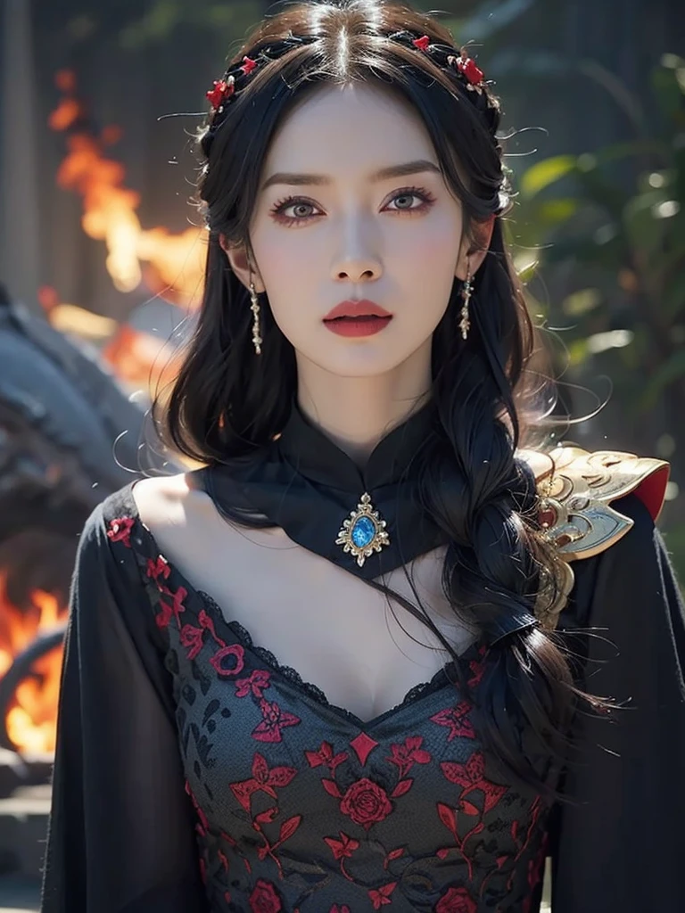 Beautiful woman with red eyes、Take a graceful photo with a giant black dragon, arpino,Gray Hair,Face to face, Ultra-realistic, Clear images, (Highest quality,4K,8k,Highs:-,Master Parts:1.2),Very detailed,(Realistic,Realistic,Realistic:1.37),sexy,hide, Warrior,Decorative armor,Fighting the Dragon,night,Burning Forest,Vibrant colors,Portraiture,Sharp focus,Beautiful and detailed,Beautiful lip detail,Very detailed目と顔,Long eyelashes,Bright sword light,Spooky atmosphere,Burning Destruction,Brave pose,Exquisite detail,Majestic,strength and power、An attractive 19-year-old woman、Wearing gorgeous hair accessories